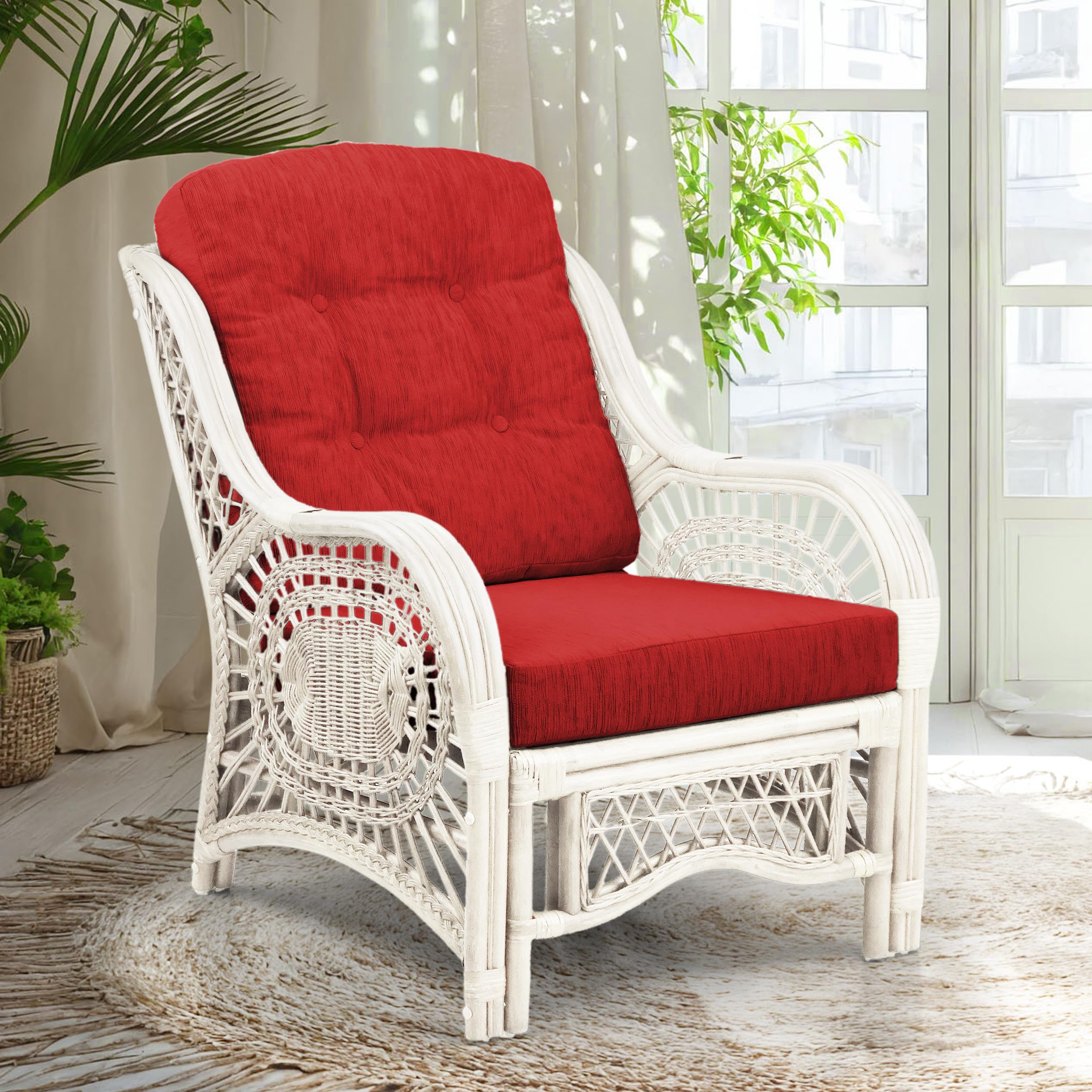 Malibu Lounge Living Accent Armchair Natural Rattan Wicker Handmade Design, White Color with Red Cushion