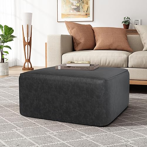 Christopher Knight Home Ellis - Reposapiés otomano de piel sintética, puf cuadrado, asiento grande, mesa auxiliar moderna para sala de estar,