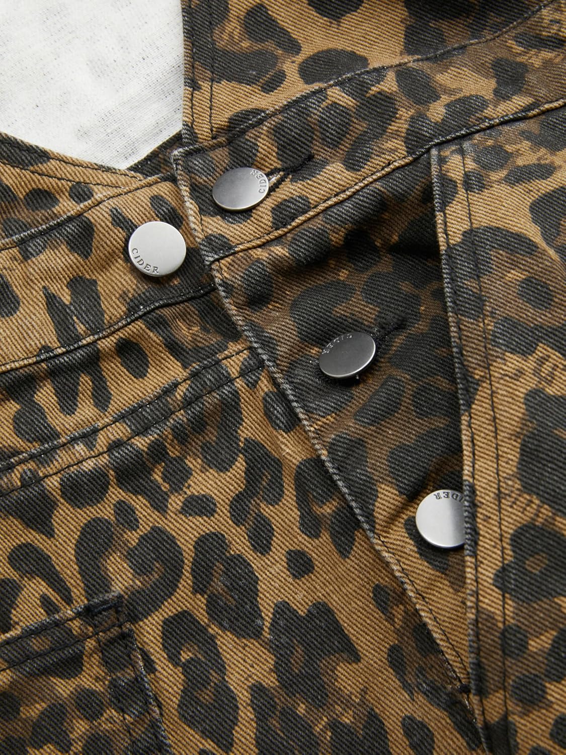 CIDER Overalls for Women Denim Leopard Pocket Buckle Up Wide Leg Jumpsuit - Image 8