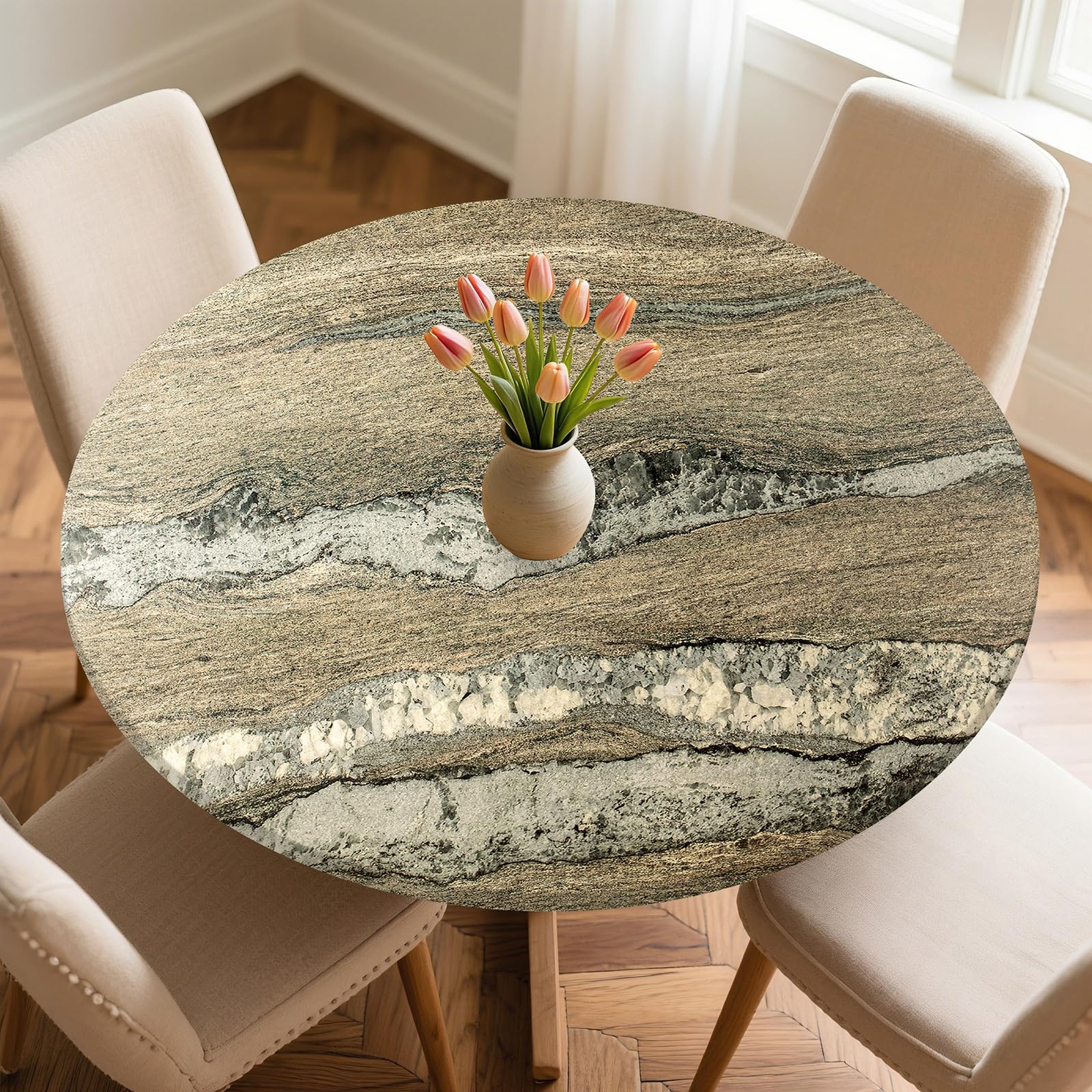 Odot Round Tablecloth Wipe Clean 60-160cm, 3D Black Marble Round Outdoor Table Cover Fitted Elastic Edged Washable Circle Table Cloth Protector Decorative for Kitchen Dining Room (Stone,110cm)