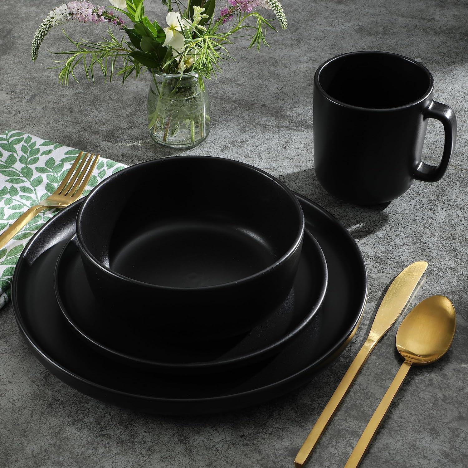 Gibson Home Zuma Stoneware Plates, Bowls, & Mugs Dinnerware Set - Matte Black, Service for Four (16pcs)