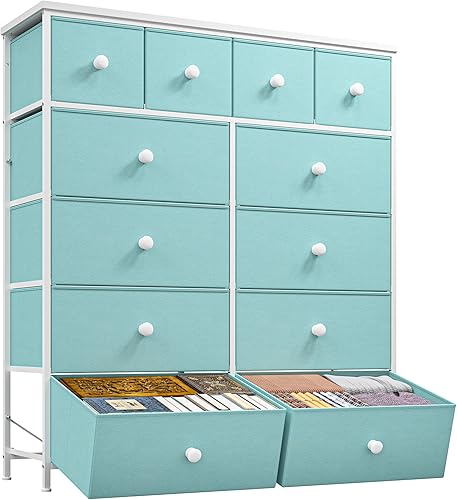 Miniatura 15 de Cómoda alta para dormitorio con 12 cajones de tela y cómodas, cómoda de dormitorio con marco de metal, parte superior de madera, armario de entrada,