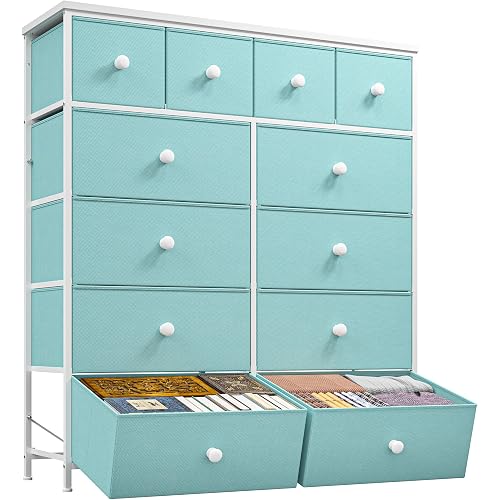 Romorgniz Dresser for Bedroom with 12 Fabric Drawers Tall Dressers & Chests of Drawers with Metal Frame, Wood Top, Anti-Tip Kit, 38.97" W Wide Storage for Entryway Living Room Closet Dorm, Turquoise
