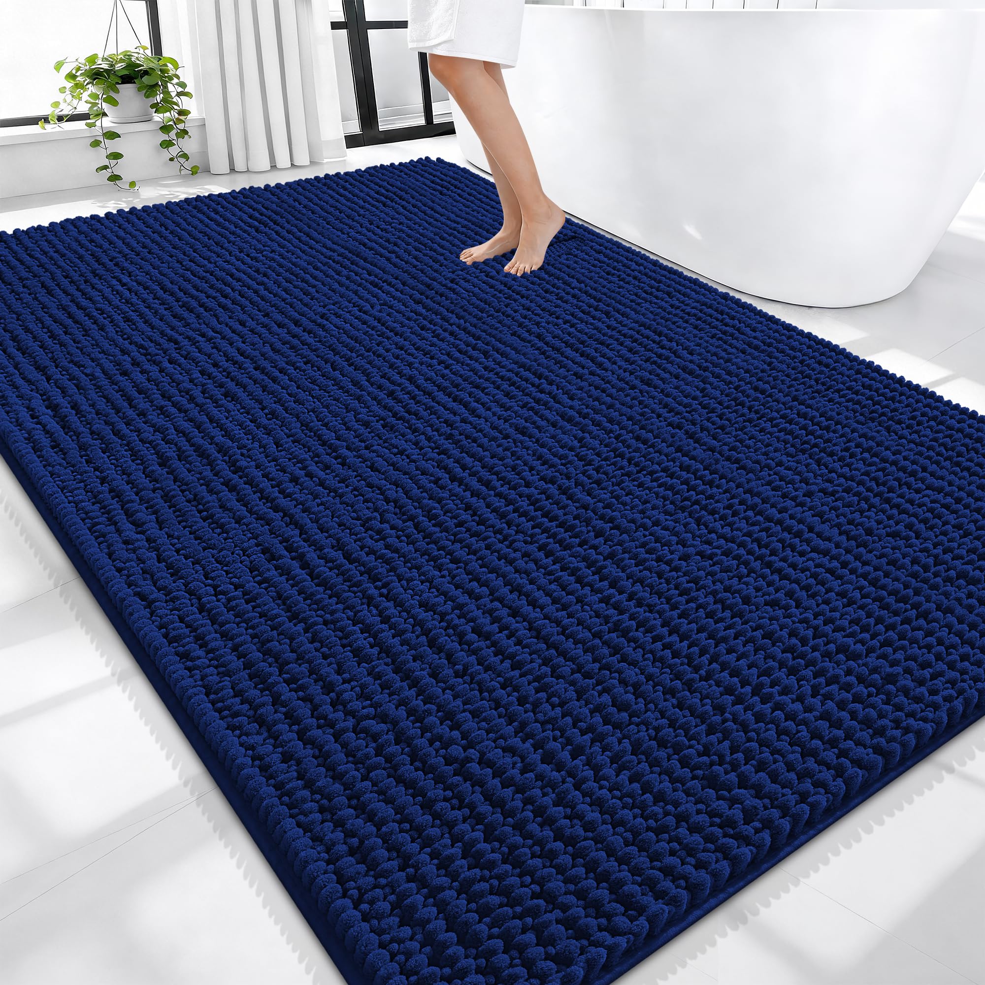 OLANLY Thick Chenille Large Bathroom Rugs 70x46, Absorbent Bath Mat, Navy