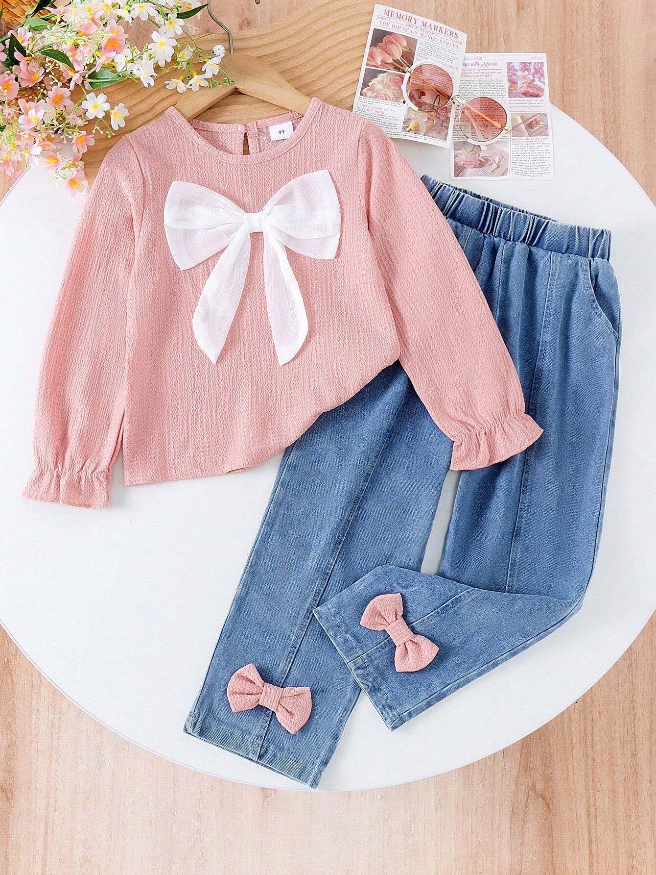 Axumity Conjunto de 2 piezas de ropa de primavera y verano, lindo lazo de manga larga + pantalones de mezclilla