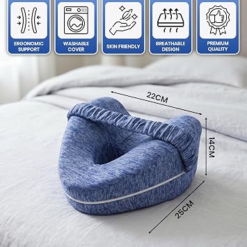 Knee Pillow for Sleeping on Side, Leg Pillow & Knee Support Strap Pillow for Side Sleeper, Sciatica, Lower Back & Knee Support, Ergonomic Leg Cushion with Washable Cover (Blue,25x22x14cm)
