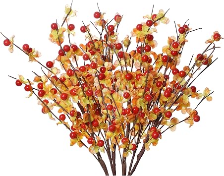 JFLORU 6 Pack Fall Picks,17 Tall Fall Berry Stems Autumn Orange Spray with Red Berries for Fall Home Decor and Thanksgiving Day Harvest Festival Celebration Orange Leaves and Red Berries