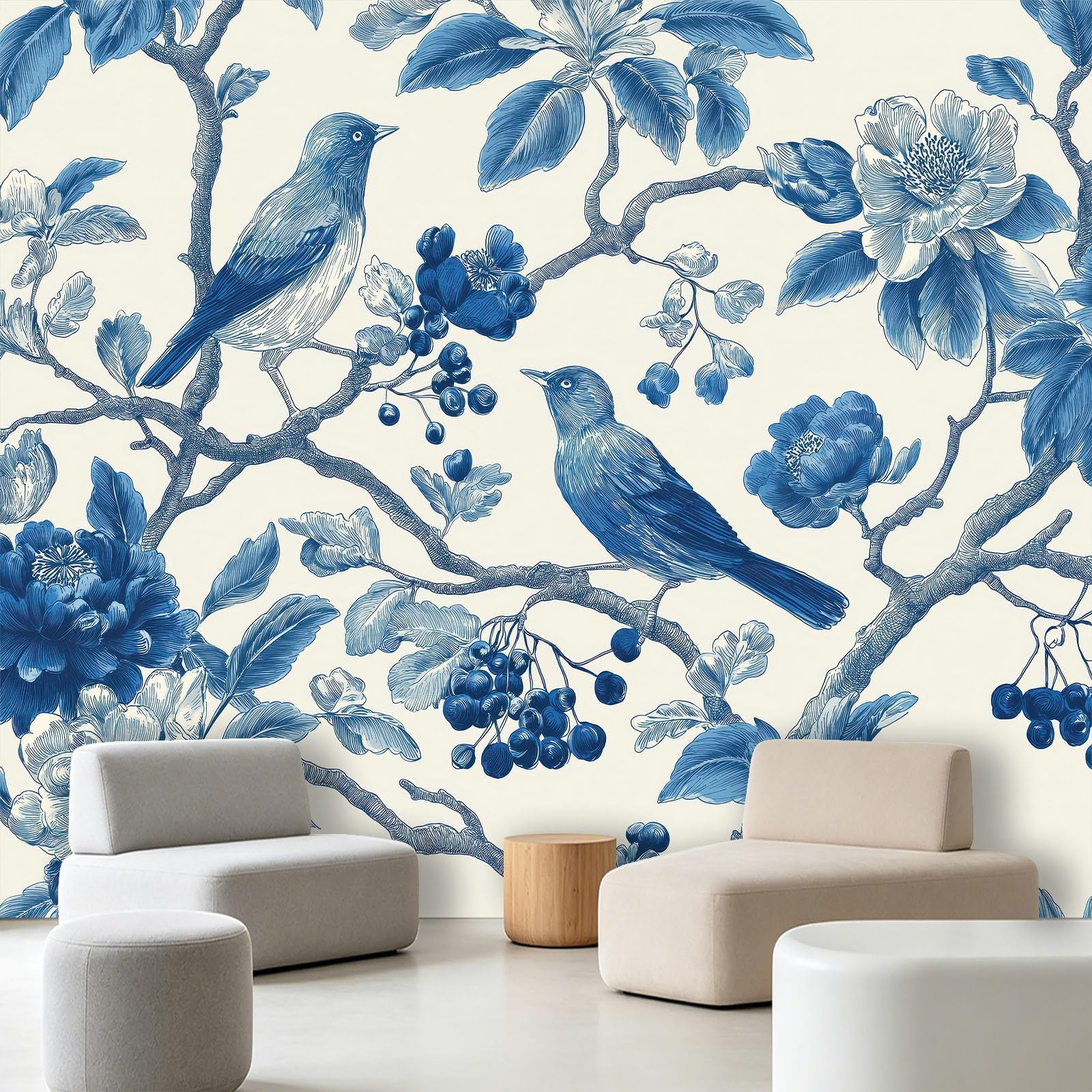 Fototapete Premium - Vlies Florale Tiere 350 x 256 cm (BxH) für Wohnzimmer Schlafzimmer Flur - Vliestapete Motivtapeten Bildtapete Foto Blumen Beeren Zweige