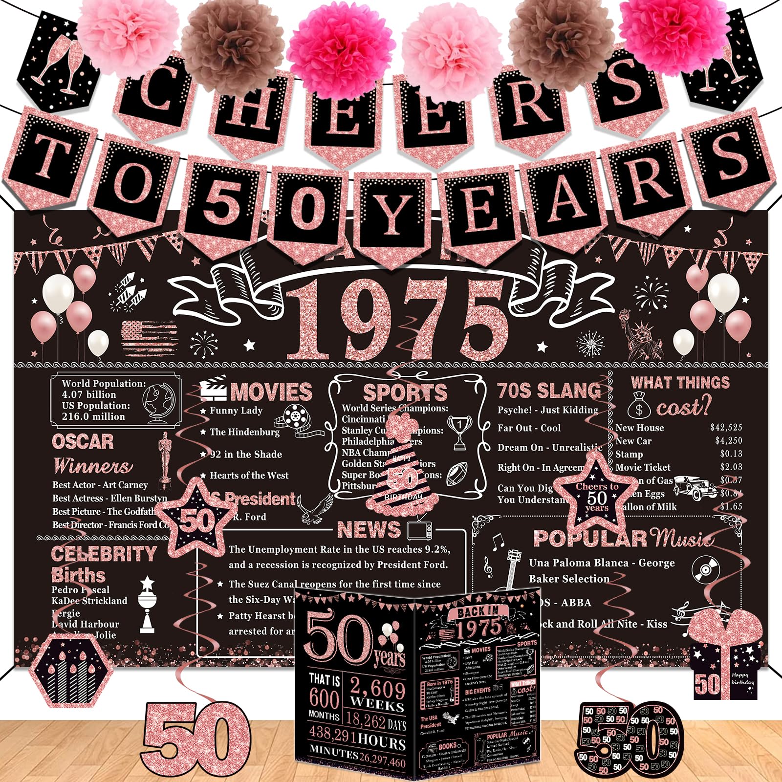 50. Geburtstag Dekoration Set Für Frauen – Schwarz-rosegold Banner & Wirbel, Inkl. 1975 Design