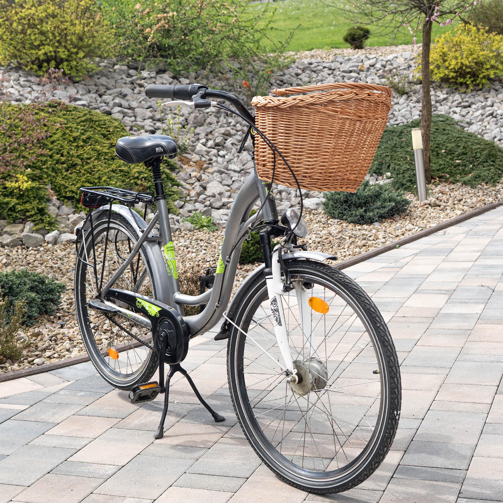 KADAX Panier de vélo avant en osier robuste, panier de guidon avec poignée de transport et crochet en acier, panier classique en osier pour guidon, grand panier pour vélo