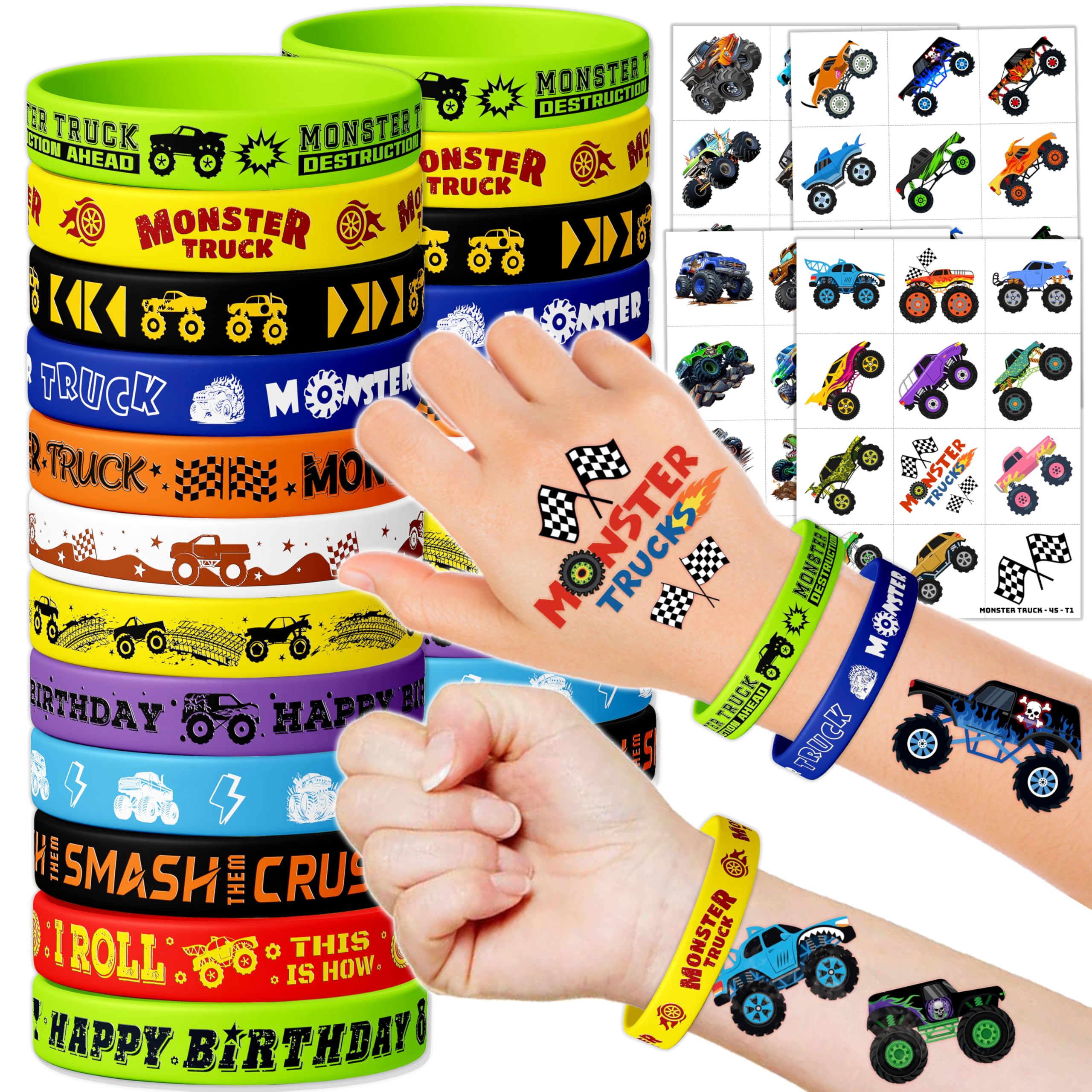 72PCS Monster Truck Party Favors for Kids - 48 Pre-Cut Temporary Tattoos & 24 Silicone Bracelets - Birthday Party Supplies, Goodie Bag Fillers,