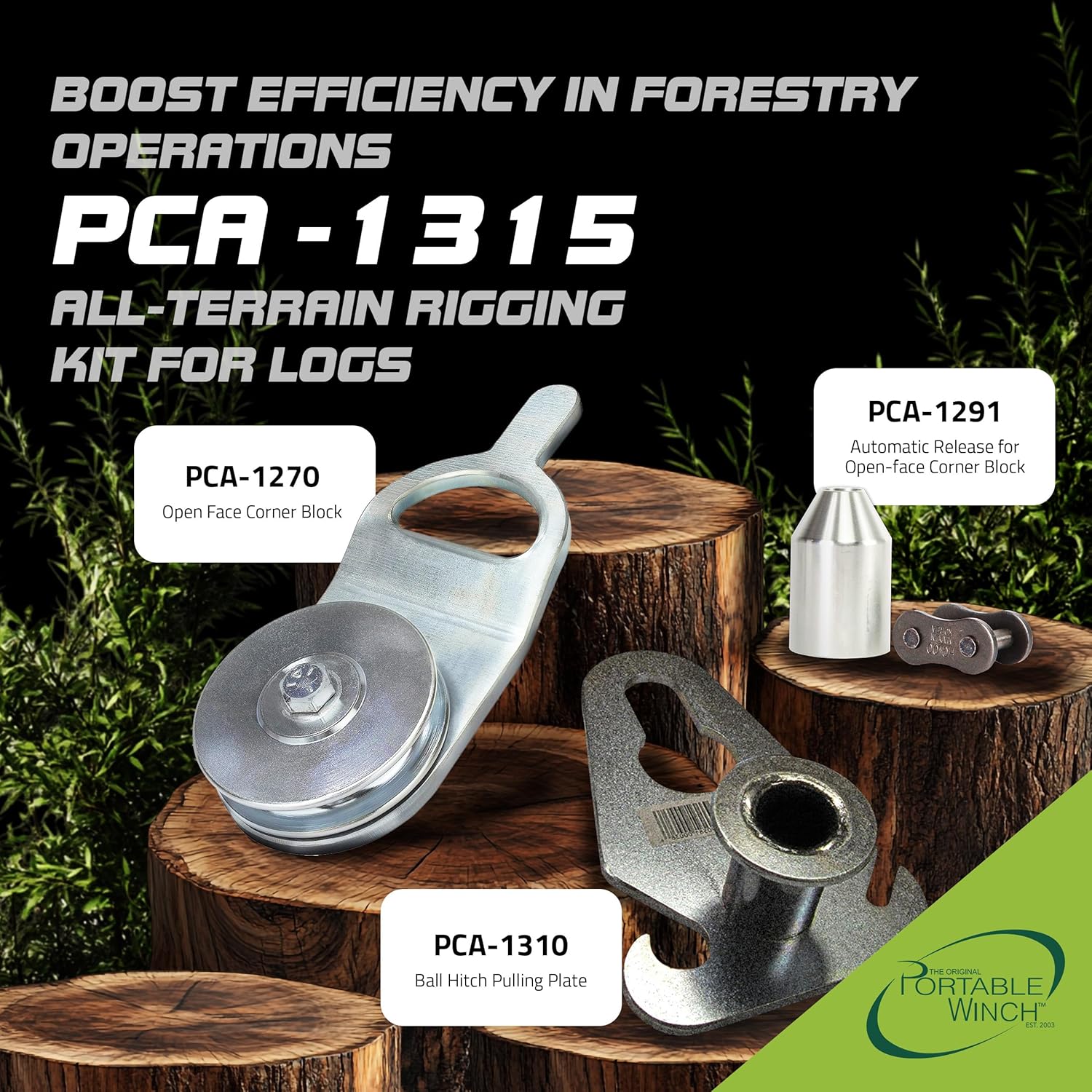 Portable Winch PCA-1315 All-Terrain Rigging Kit, PCA-1310 Ball Hitch Pulling Plate, Open-Face Corner Block, and Automatic Rope Release Bundle for Logging, Skidding, Hauling, and Rigging