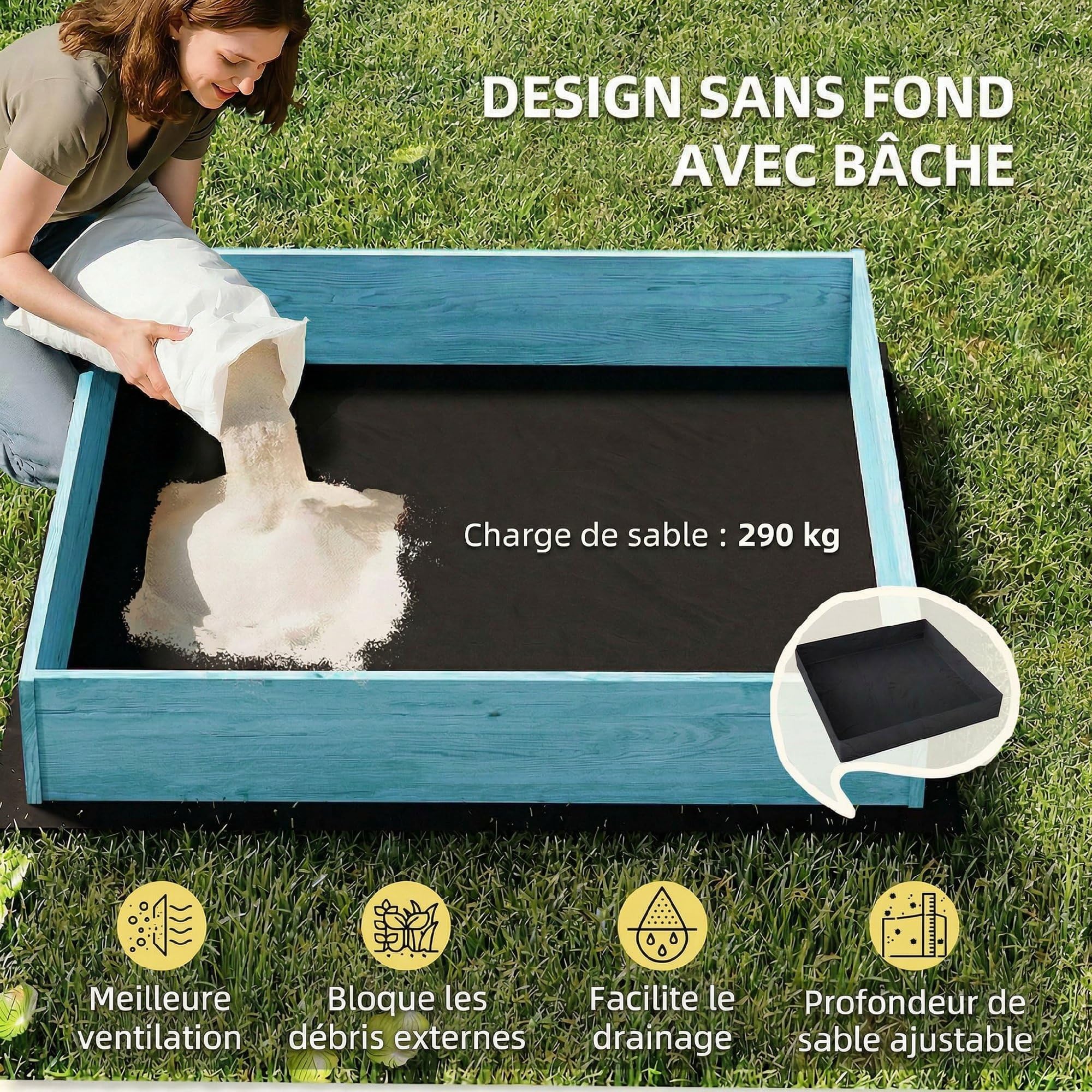 AIYAPLAY Bac à Sable en Bois avec Couvercle, bac à Sable Enfant extérieur avec siège Pliable, Espace de Rangement, Toile imprimée Dinosaures, Fond Inclus, pour 3 à 6 Ans, 134,5x127,5x130cm, Bleu