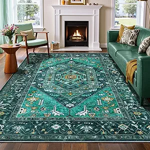SERISSA Washable Rugs 6x9 Area Rugs, Large Non-Slip Boho Living Room Teal Rug, Ultra Soft Vintage Print Distressed Oriental Tribal Farmhouse Carpet for Dining Room Bedroom Dorm Office Home Decor