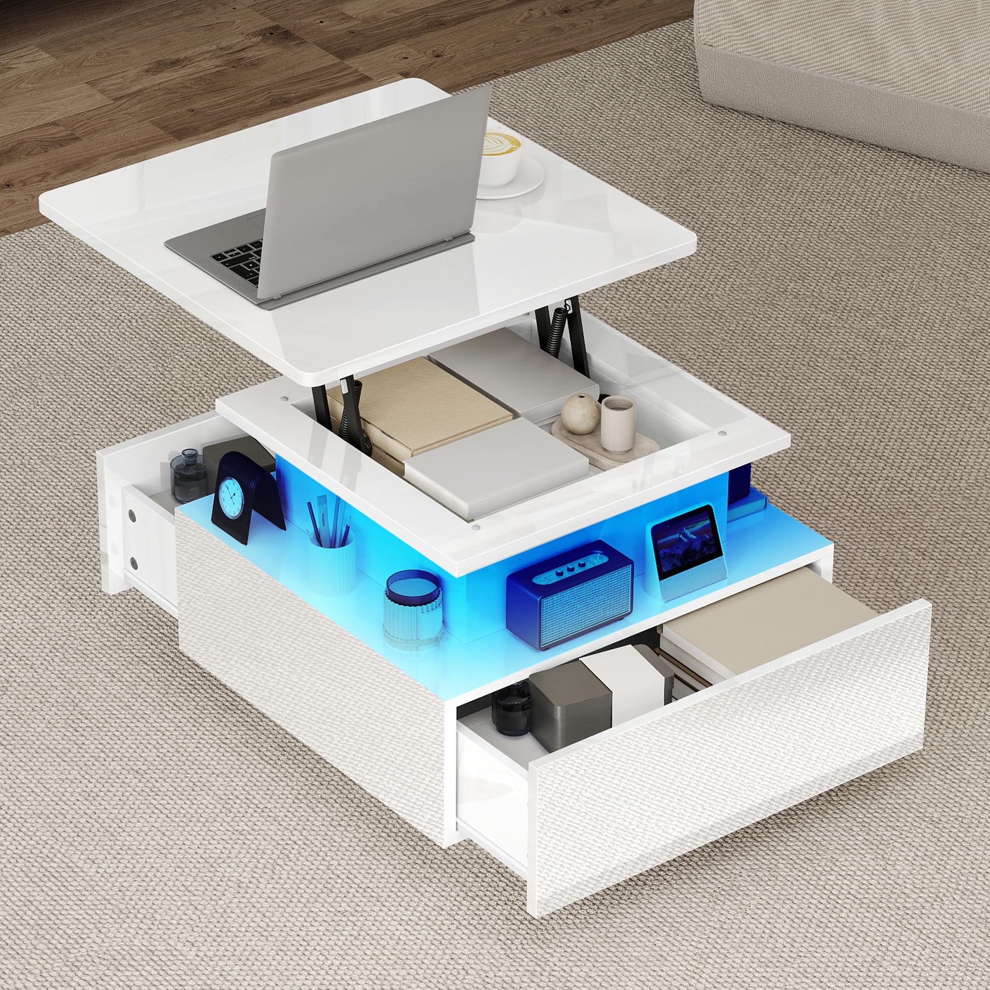 DWVO Table Basse avec LED, Hauteur Réglable, Blanc Laqué Moderne, avec Rangement et Tiroirs pour Salon, 60x60x45-58 cm