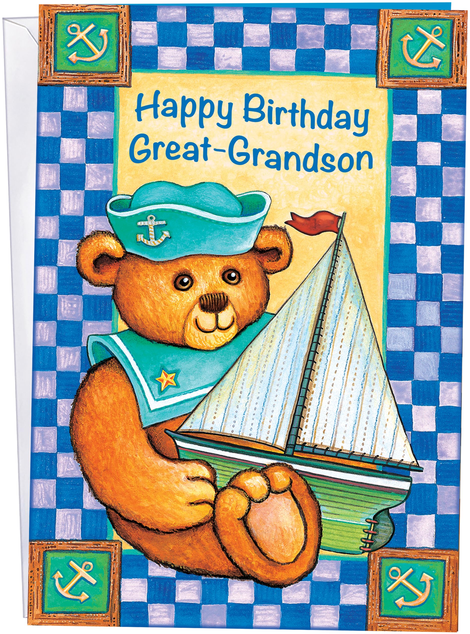 Birthday Card For Great Grandson - Large Size Opens to 10" x 7.75" - MADE IN CHICAGO - Cute Teddy Bear - Premium Envelope & Sturdy Mailer - 95817