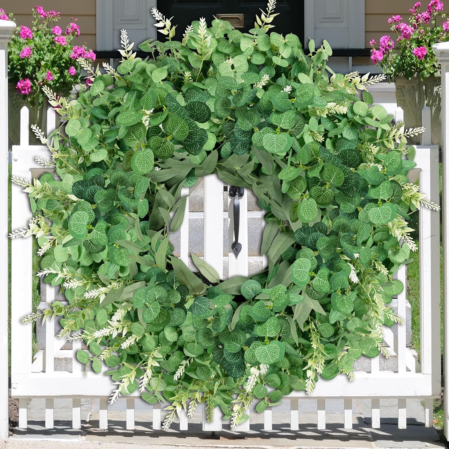 26" Large Eucalyptus Wreath for Front Door Spring Summer Greenery All Season Green Year Round Artificial Eucalyptus Leaves Wreath for Porch Farmhouse Home Wall Window Outdoor Indoor Decorations - Image 7