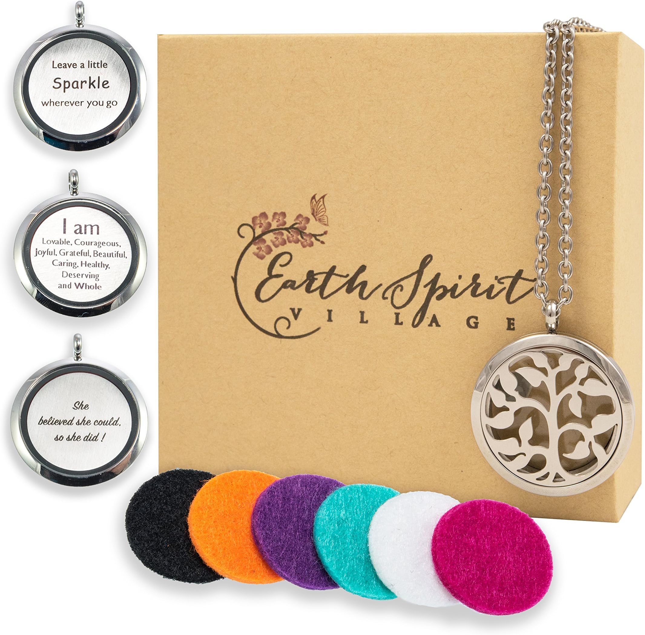 Tree Of Life-Aromatherapy Essential Oil Diffuser Necklace Gift Set, Stainless Steel Locket & Chain, 3 Interchangeable Inspiration Jewelry Charms + 6 Refill Pendant Pads