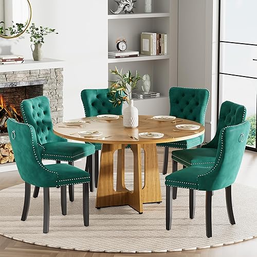 Miniatura 15 de Juego de mesa de comedor redonda de 47 pulgadas para 4, mesa de cocina de mármol sintético blanco circular con 4 sillas de comedor tapizadas de Mesa