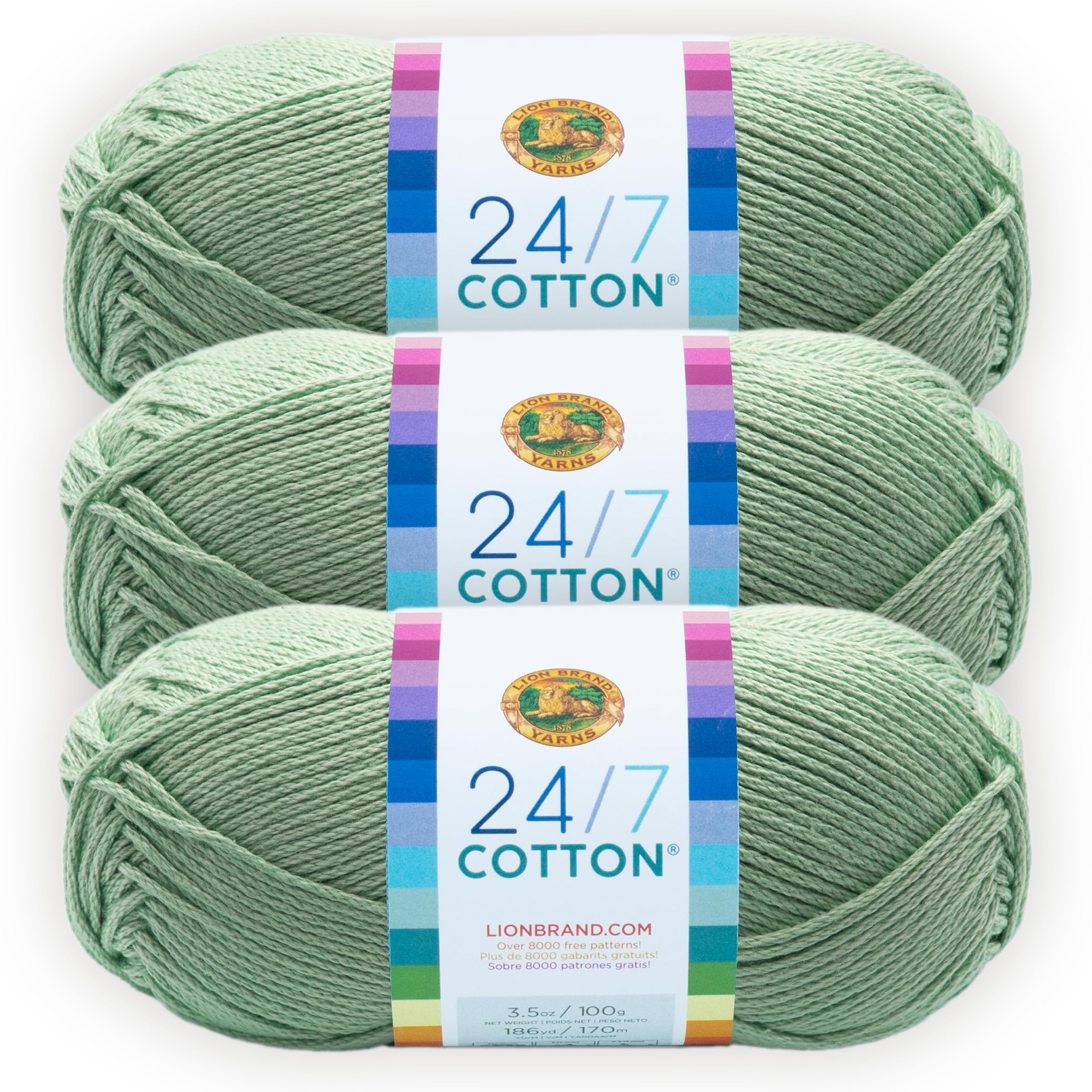 Lion Brand 24/7 Cotton Yarn, Yarn for Knitting, Crocheting, and Crafts, Mint, 3 Pack