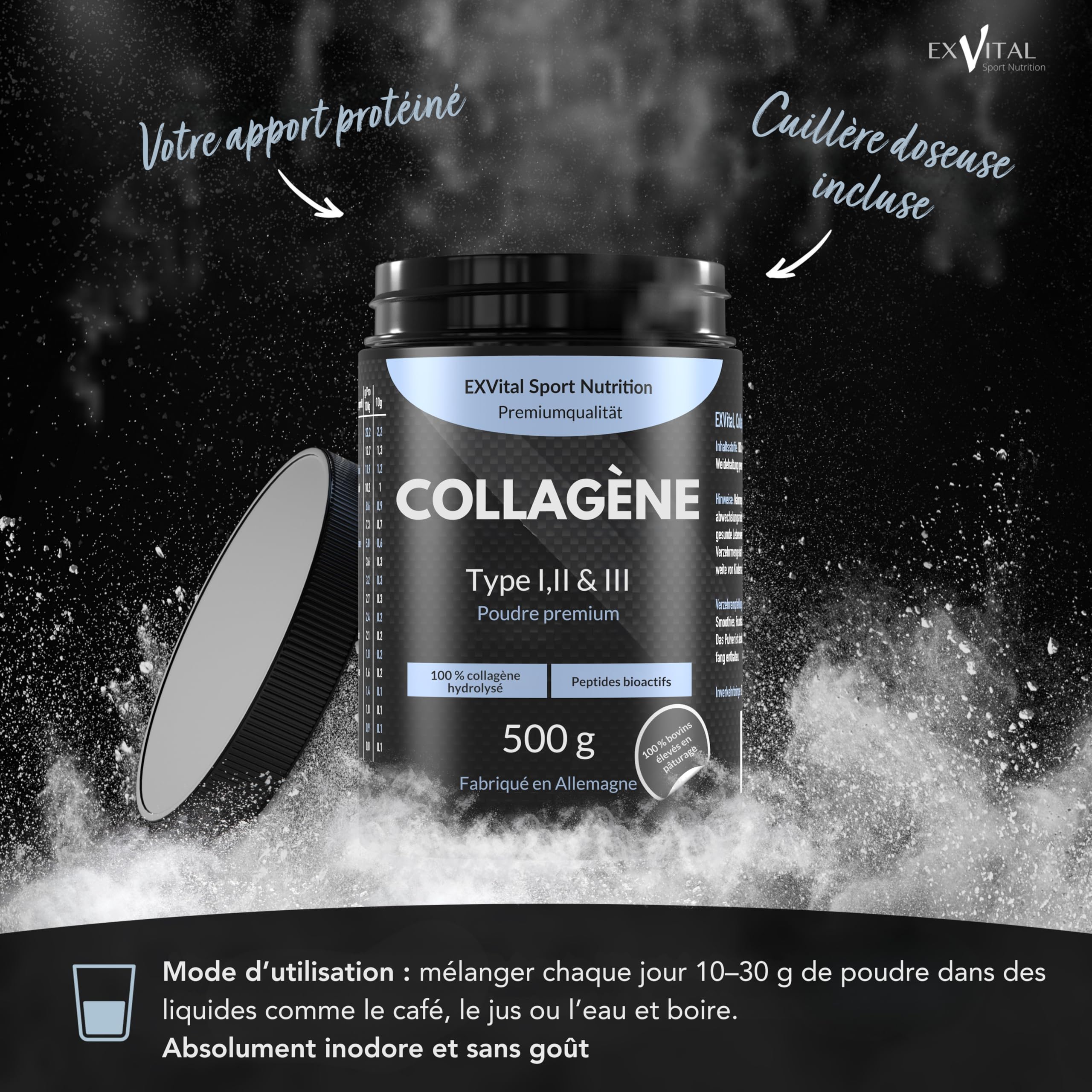 Poudre de collagène 500 grammes - Hydrolysat de collagène bioactif en peptides, poudre de protéines - Sans goût, collagène de type 1, 2 & 3 Lift Drink, hautement dosé
