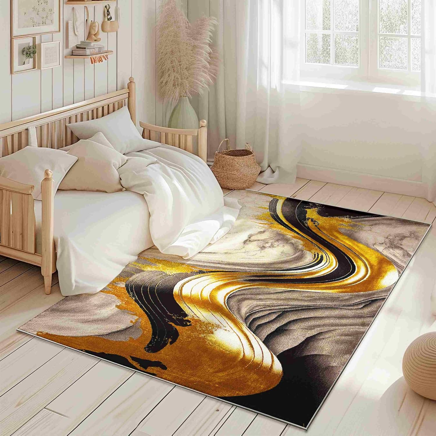 Contempo Area Rug Modern Soft Contemporary Abstract Carpet with Premium Vibrant Shiny Gold Color for Living Room and Bedroom Design 1112 (Sand, 5'2"x7'5")