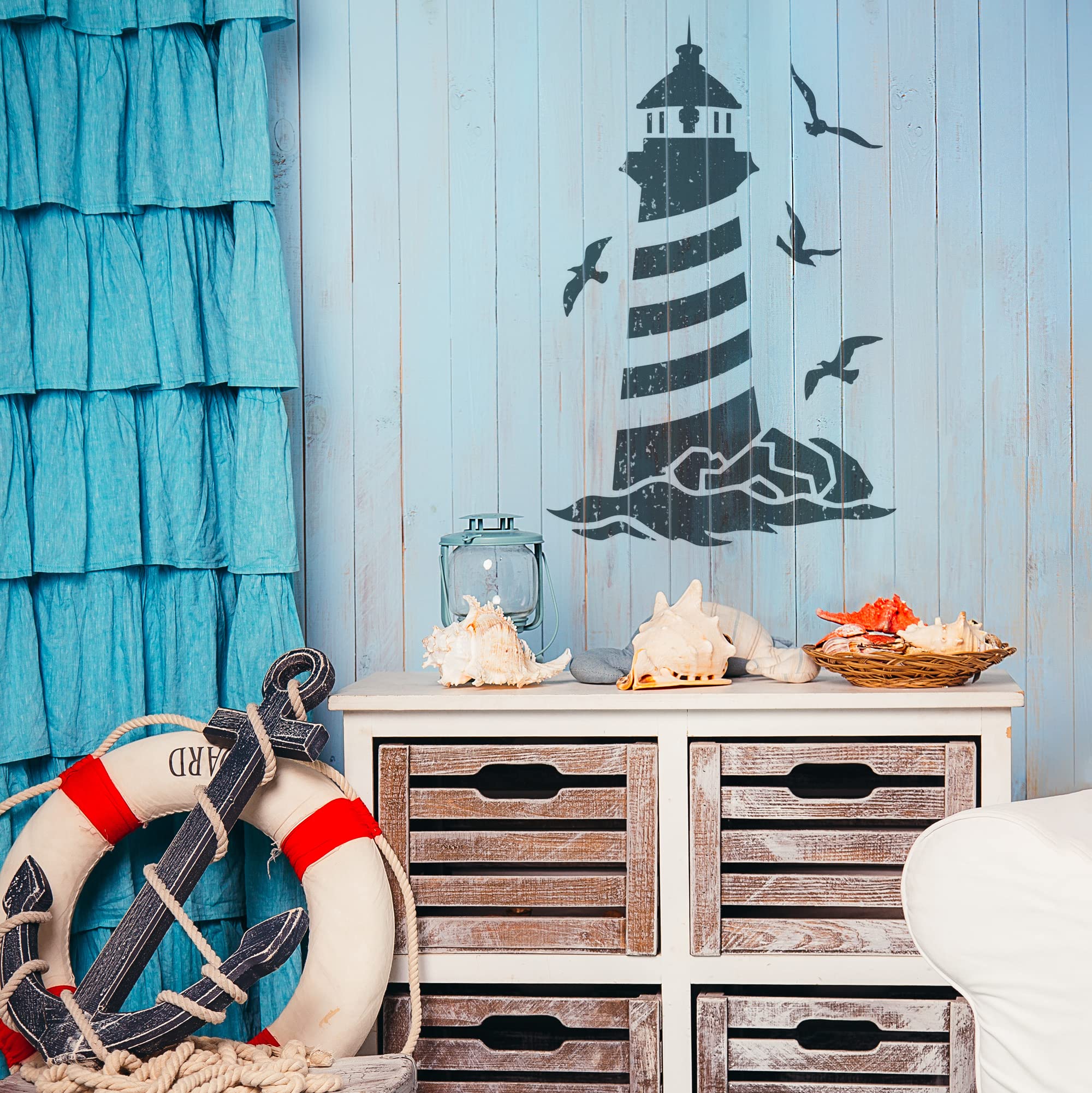 NAKLEO Stencil per Pittura 59x95cm, Faro Marina Mare Modello per Pareti Grandi Dimensioni, Plastica e Riutilizzabile Fai Da Te Artigianato Decorazioni Casa, Muro Legno Tessuto Mobili