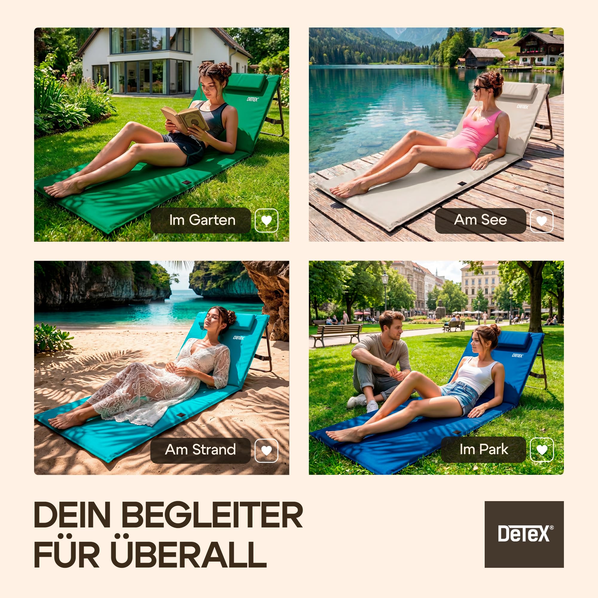 DETEX® 2er Set Strandliege Faltbar Leicht Strandmatte Gepolstert mit Rückenlehne Kissen Handyhülle Sonnenliege Klappbar 2 Personen Liegestuhl Blau