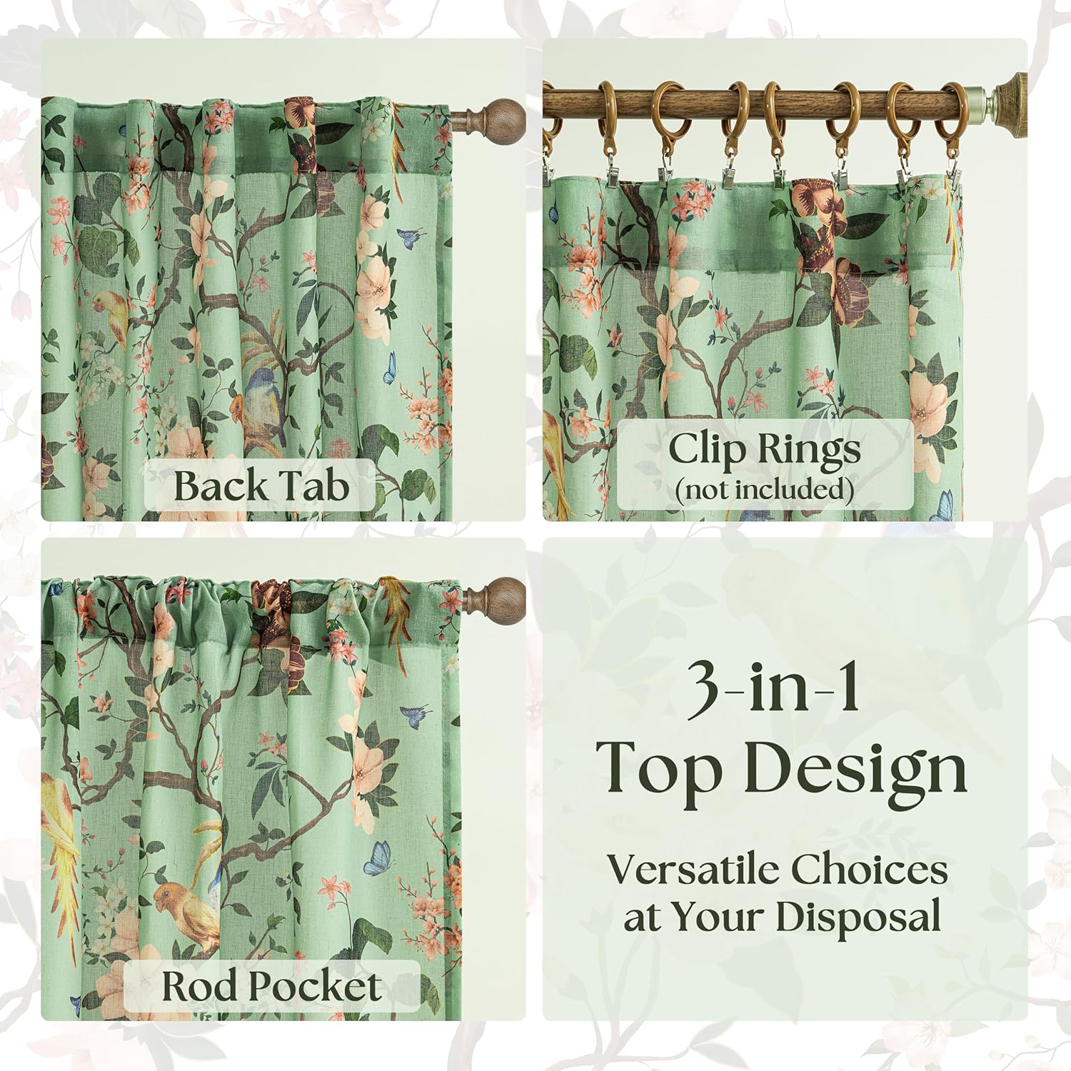 Boho Green Linen Floral Bird Curtains for Living Room 84 Inches Long 2 Panels Back Tab Vintage Farmhouse Flower Leaf Patterned Window Drapes Semi Sheer Light Filtering for Dining Room Bedroom Seafoam