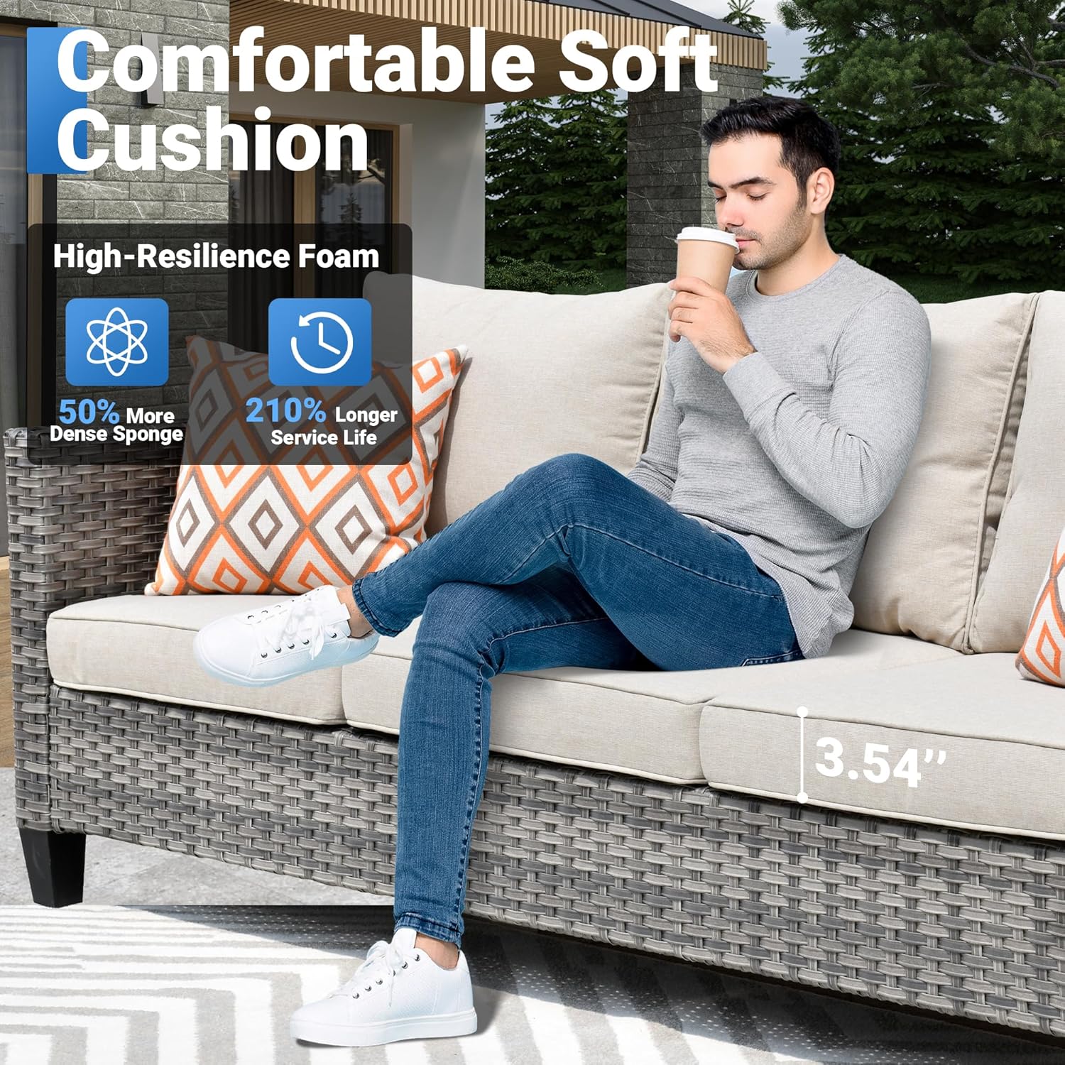 6 Piece Outdoor Patio Furniture with 3 Seat Sofa,Rattan Wicker Swivel Rocking Chairs with Ottoman,Sectional Coversation Set for Outside Porch Balcony Backyard Pool,Beige