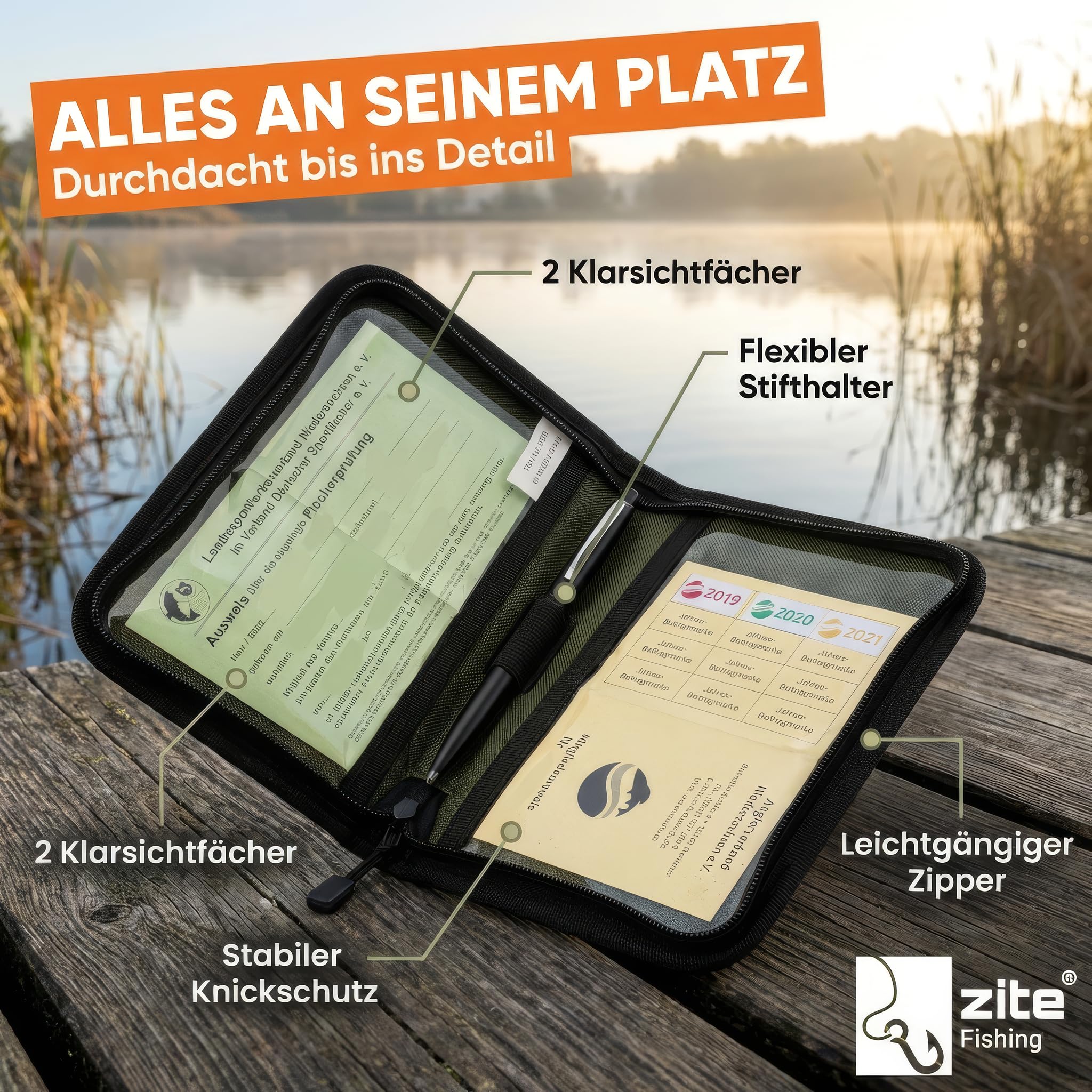 Zite Fishing, custodia per documenti e carte da pesca, 15 x 20 cm, astuccio per carte di pesca e pesca – 2 scomparti + portapenne, verde, Per esterni