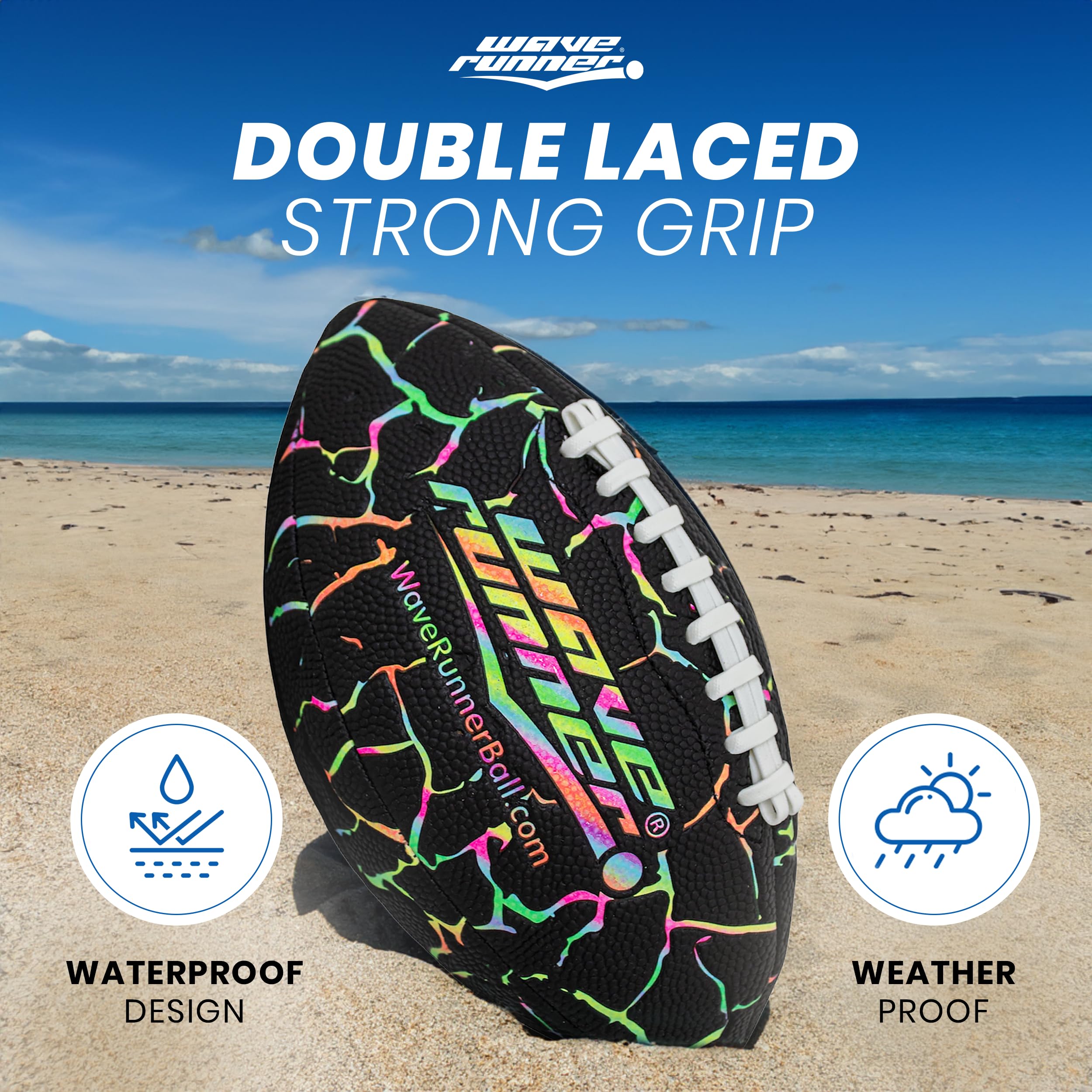 Wave Runner Grip It Waterproof Junior Size Football, 9.25 Size, Durable & Double Laced, Perfect for Beach Accessories, Kids Games, Pool Toys, Outdoor Games, All-Weather Indoor & Outdoor Play