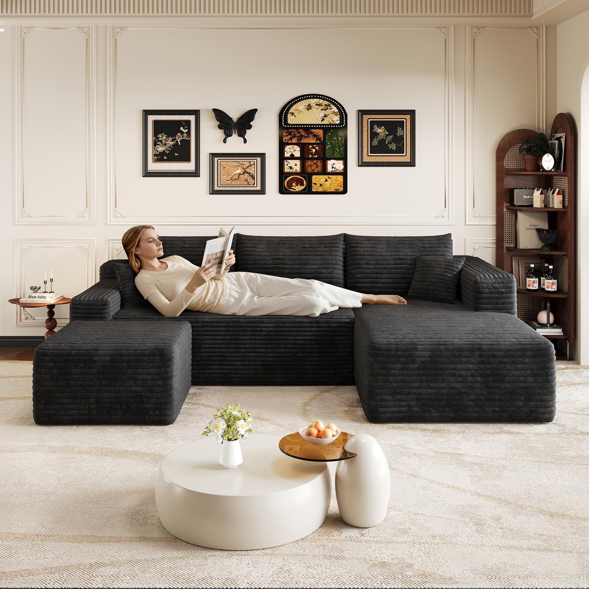 Boneless - Sofá esquinero modular con taburete, sofá de esquina en forma de U sin montaje, sofá tapizado de pana combinable, negro de 3 plazas+1, negro (Black-Right-U, 4)