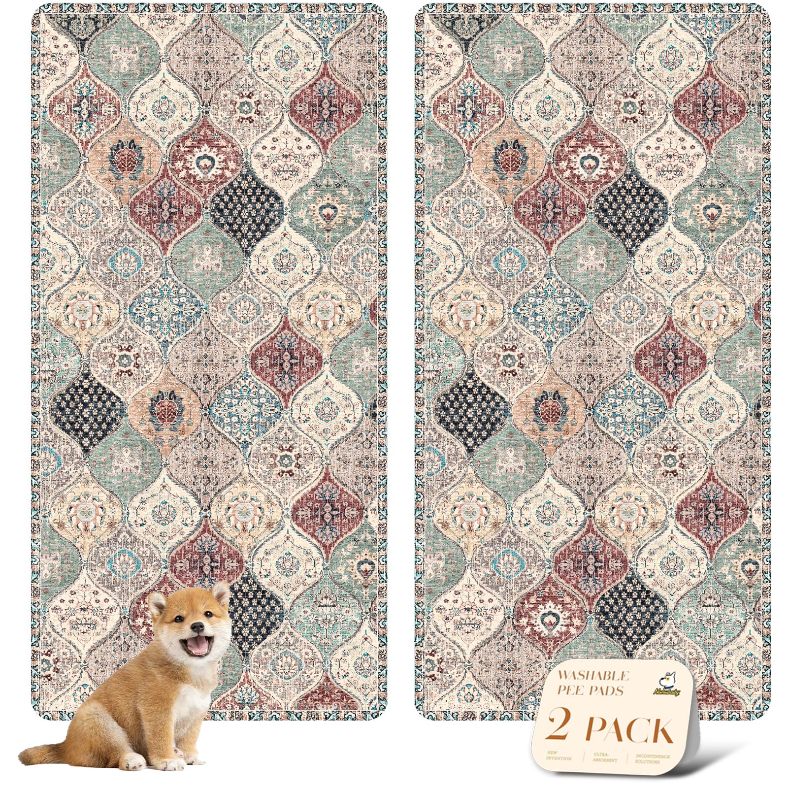 nunubaby Washable Pee Pads for Dogs, Stylish, Non-Slip and Leak-Proof Pee Pads. Reusable Potty Pads for Dogs for Crates and Floors.(Dark Red/Multi,36" x72" )