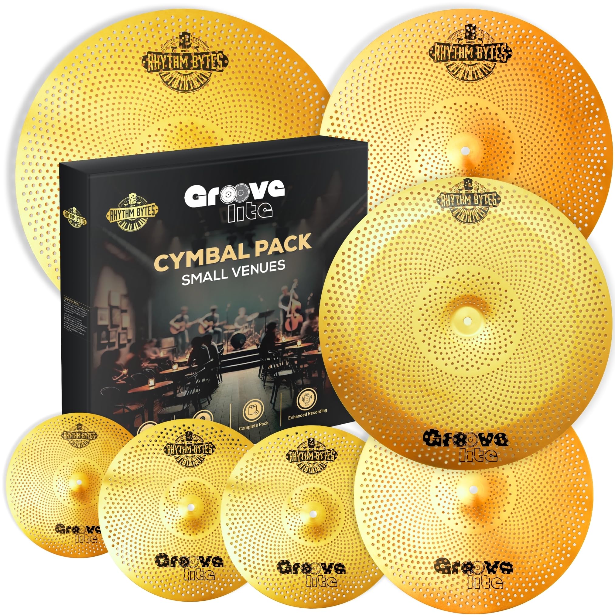 Rhythm Bytes Cymbal Pack with Drum Mute Pads | 12pcs Cymbal Set & Drum Silencer Pads, Quiet Drum Set Cymbals 14"/16"/18"/20" | Drum Mute Pak 10"/12"/13"/14"/16", 1 Bass Drum Mute Pad, Free Cymbals Bag