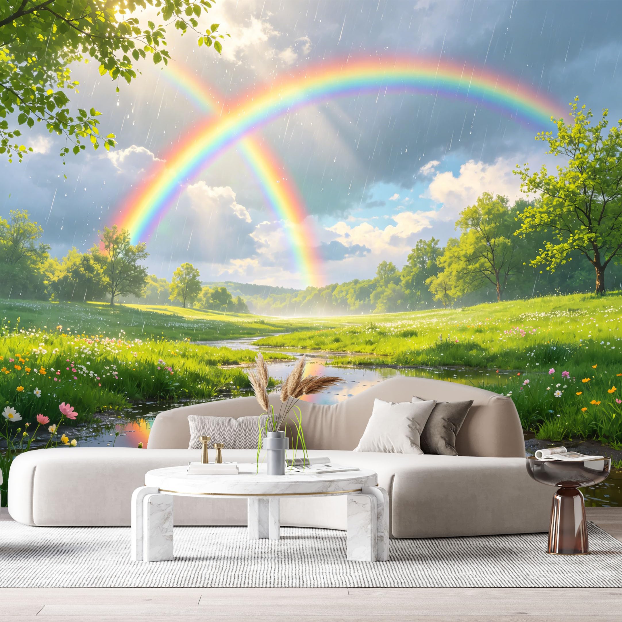 Custom Size Wall Murals Rainbow Landscape Watercolor Meadow Stream Forest Sky SelfAdhesive Wall Fabric Removable Large Wallpaper for Photo Living Room