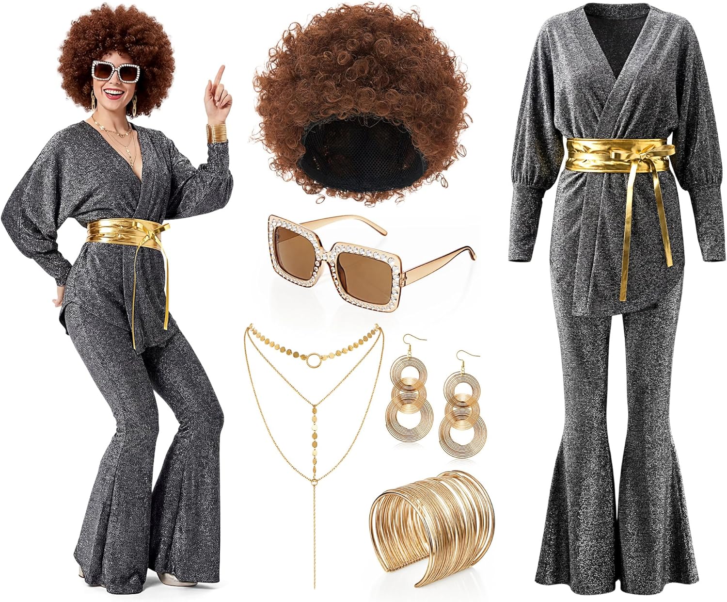 Gejoy Women 70s Disco Outfit Retro Disco Costume with Glitter Top Pants Wig Necklace Bracelet Earrings for 60s 70s 80s Party