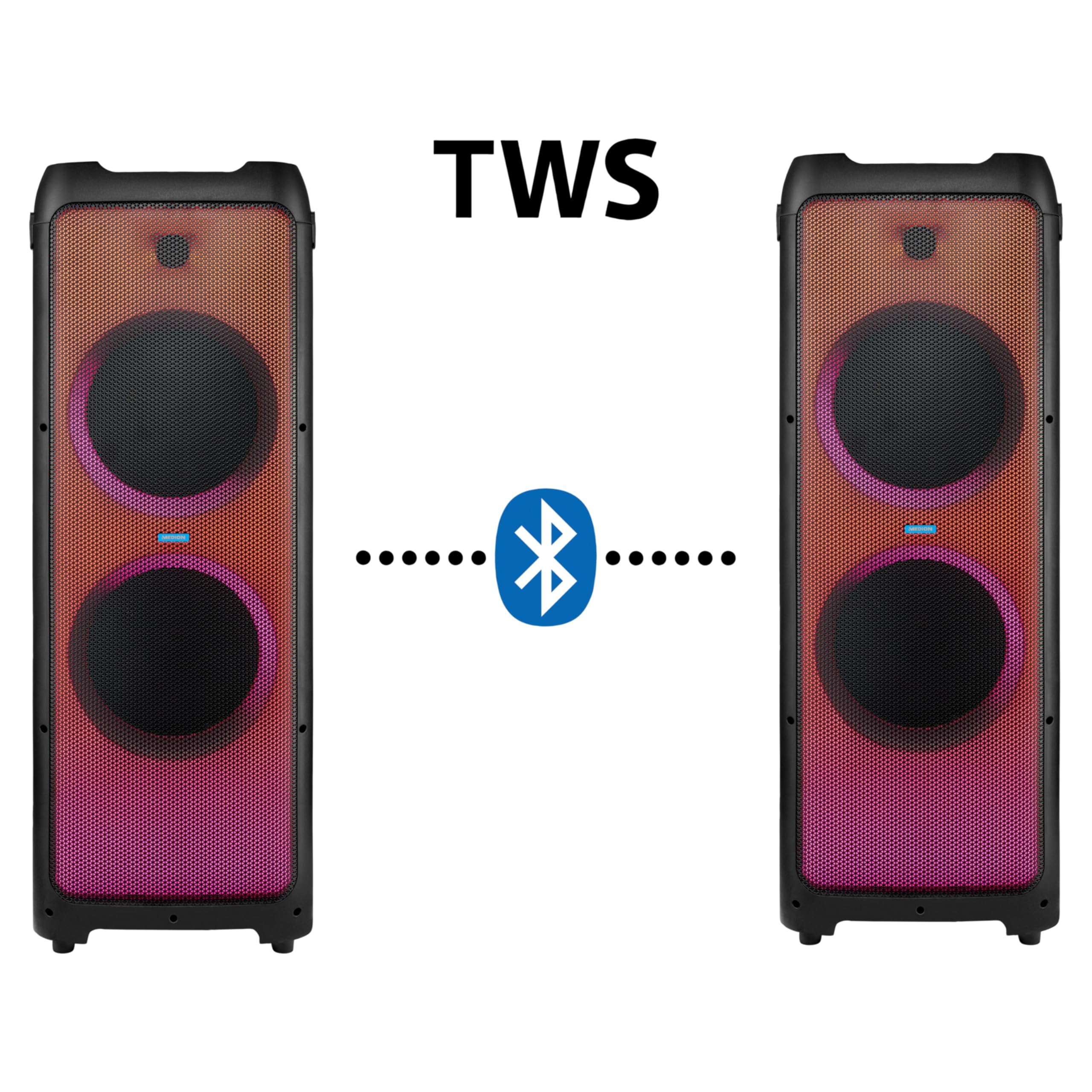MEDION X61350 Party-Soundsystem Bluetooth 2x85W 350W RMS Subwoofer Karaoke Partybox LED Lichtshow