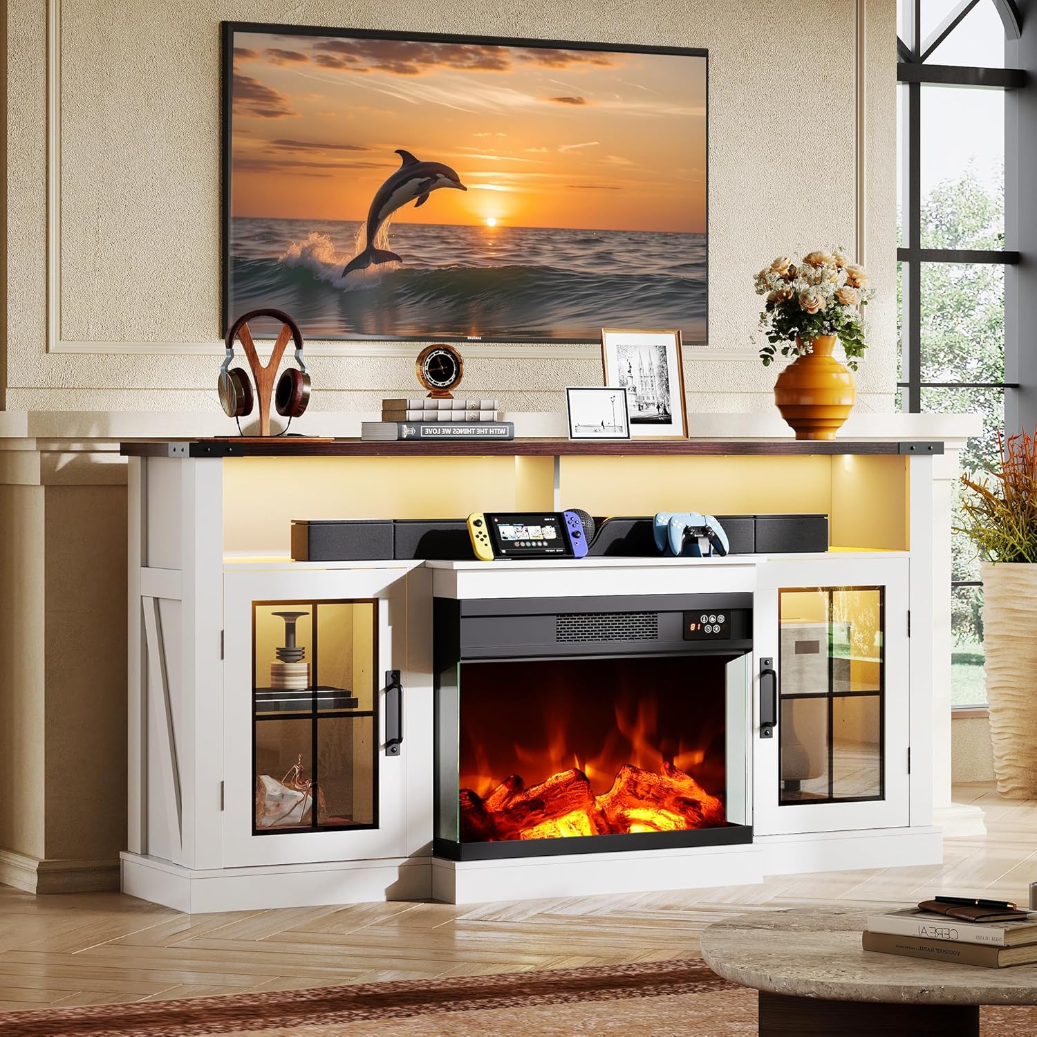 WLIVE 3-Sided Glass Electric Fireplace TV Stand for 65 Inch TV, Entertainment Center with 14 Flame Colors & Adjustable LED Storage Cabinets, Farmhouse Media Console for Living Room, Bedroom (White)