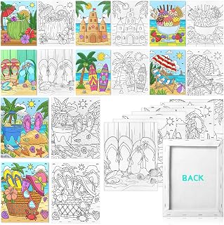 Pre Drawn Stretched Canvas for Painting 8x10 Inch, 8 Pack Pre-Printed Artist Paintings Canvaes Board for Acrylic, Oil Paint & Media, Art Supplies for Hobby Painters, Kids, Beginners (Happy Summer)