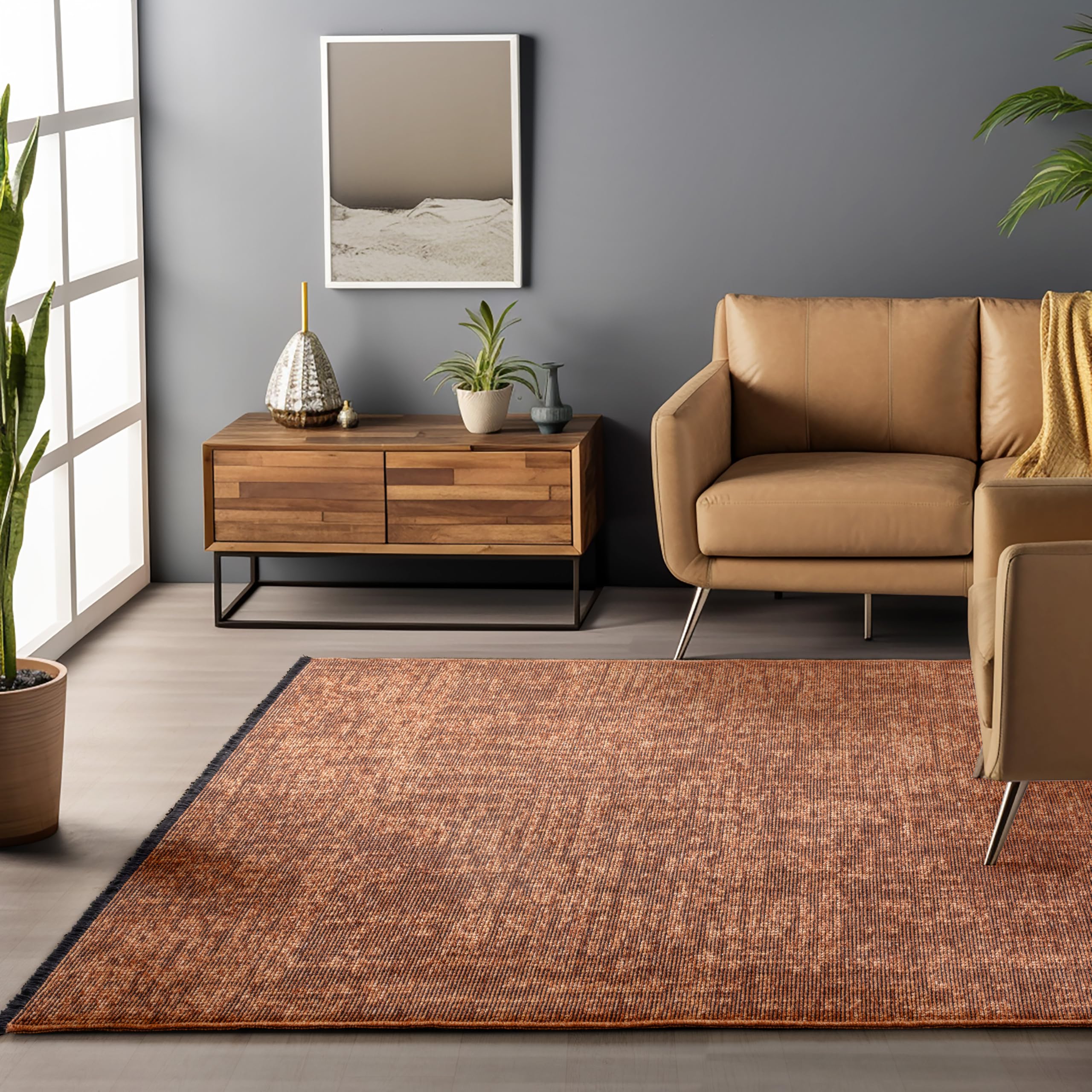 HomebyHome Baumwolle Teppich, Waschbar, Boho-Stil, Soft, Vintage Kelim, Kurzflor, rutschfest & Weich, Einfarbig Meliert, Für Wohnzimmer, Schlafzimmer, Büro & Küche