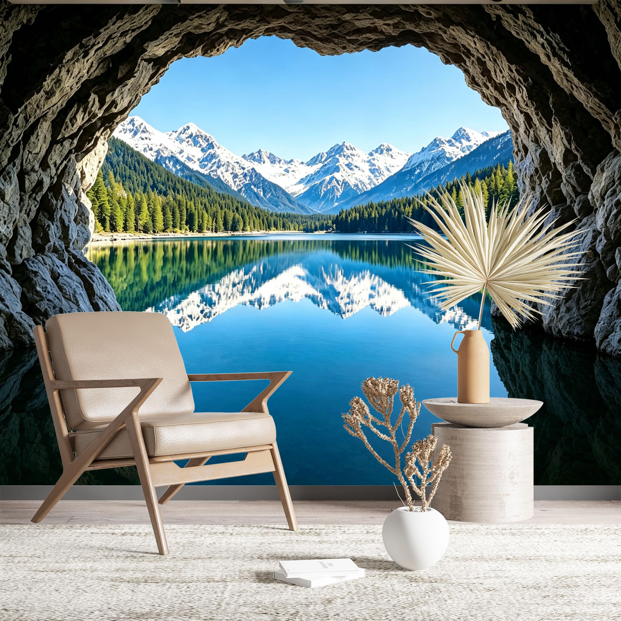Custom Size Wall Murals Serene Lake Scenery Seen from Cave Opening Full Wall Self-Adhesive Wall Fabric (NO PVC) Removable Wallpaper for Living Room Bedroom