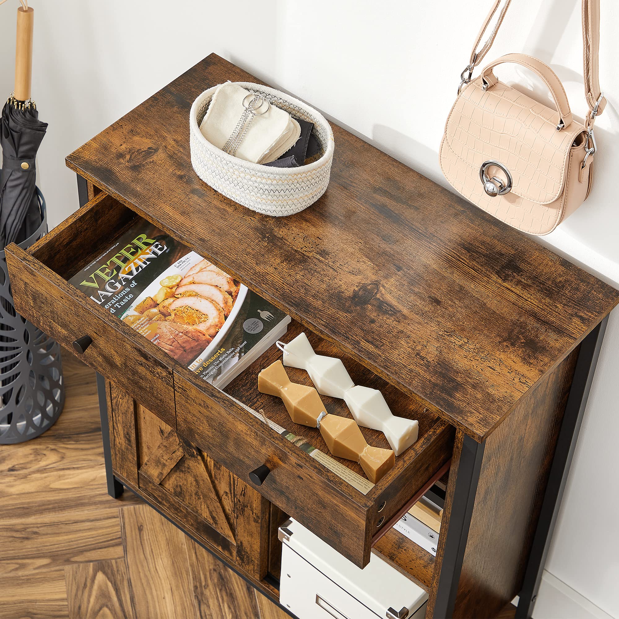 VASAGLE Sideboard, KÜchenschrank, Aufbewahrungsschrank, mit SchiebetÜr, 30 x 70 x 80 cm, verstellbare Ablage, Landhausstil, fÜr Wohnzimmer, vintagebraun-schwarz LSC100B01