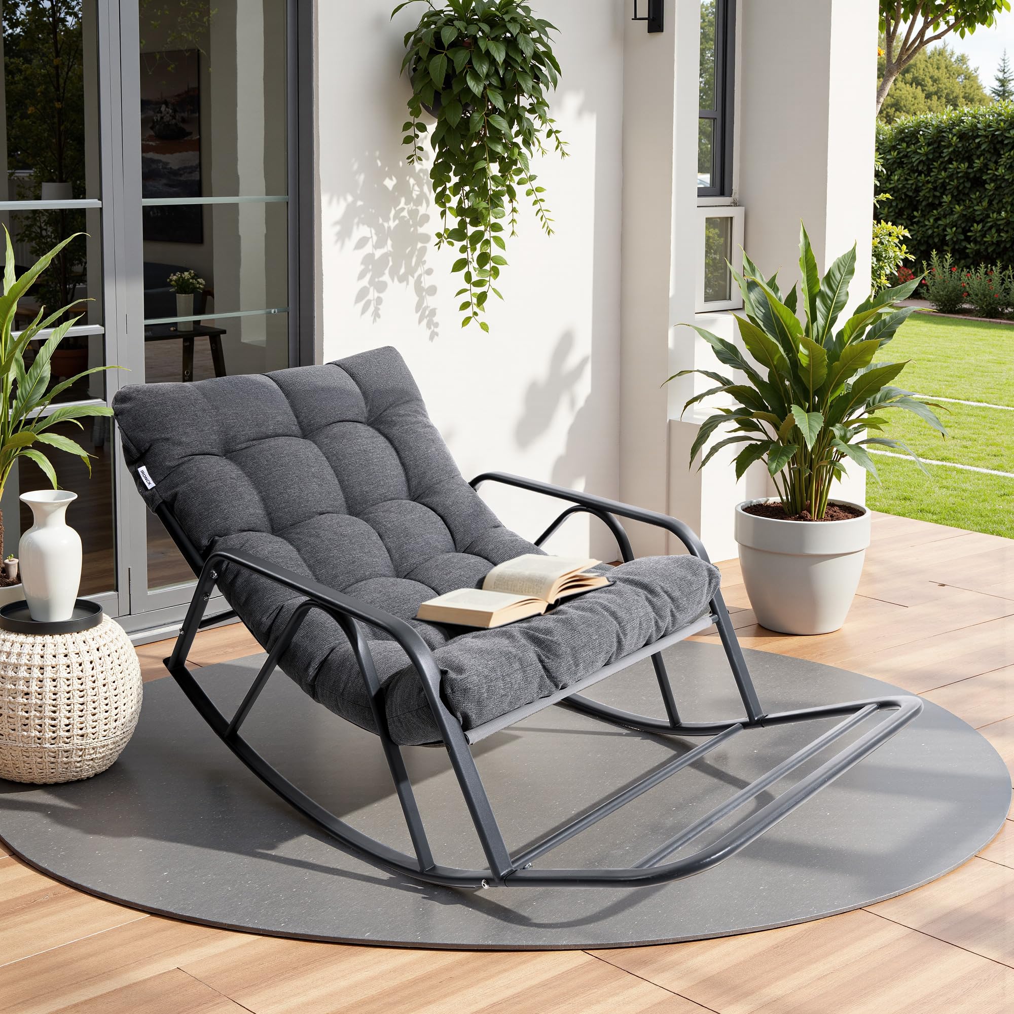 IRONCK Patio-Schaukelstuhl mit Kissen, Übergroßer Garten-Schaukelstuhl mit Armlehnen und Fußstütze, Moderner Lounge-Stühle für Wohnzimmer, Garten, Terrasse & Balkon, Grau