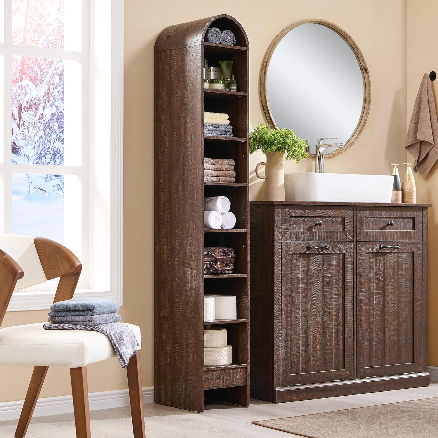 IFGET 67" Tall Arched Bookshelf, 8 Tiers Arch Bookcase with Storage, Modern Farmhouse Book Shelf with Adjustable Shelves, Wood Bookshelf w/Open Display Shelves for Living Room, Office (Brown)