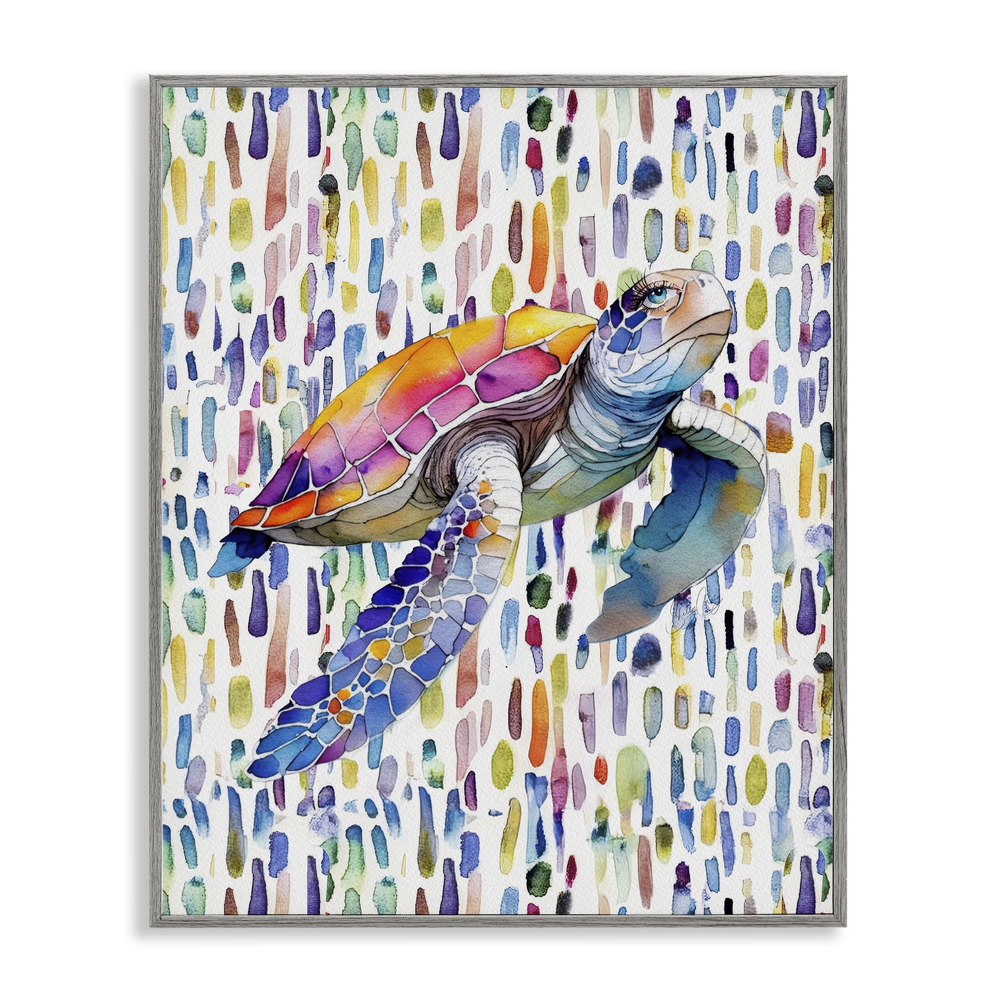 Stupell Industries Farmhouse Gray (Textured) 'Turtle On Colorful Dots'| Framed Giclee Art