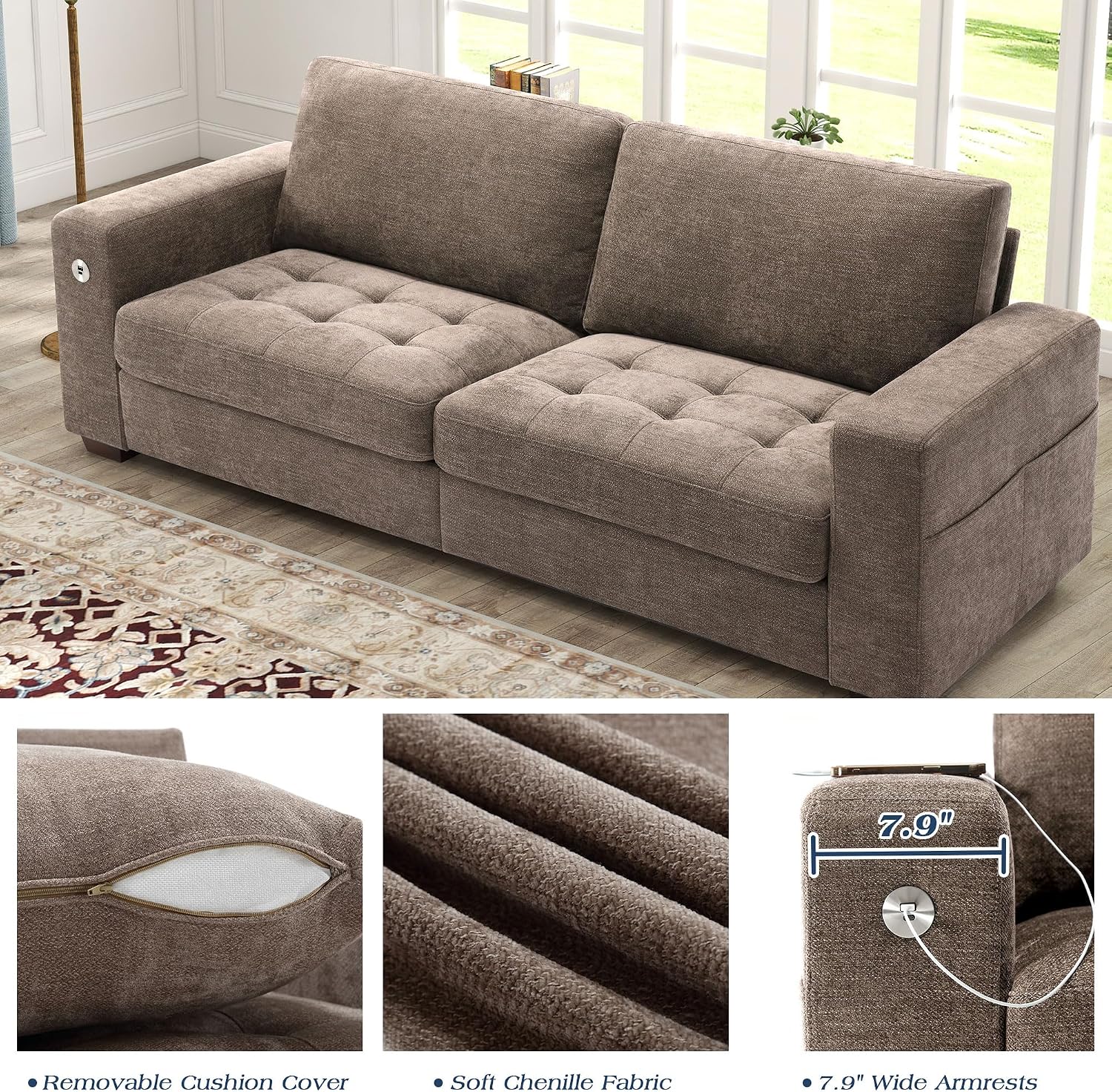 WorthFurni Chenille Loveseat Couch Set 3 Seater Sofa USB Charging Removable Cover Solid Wood Frame Easy Install Brown