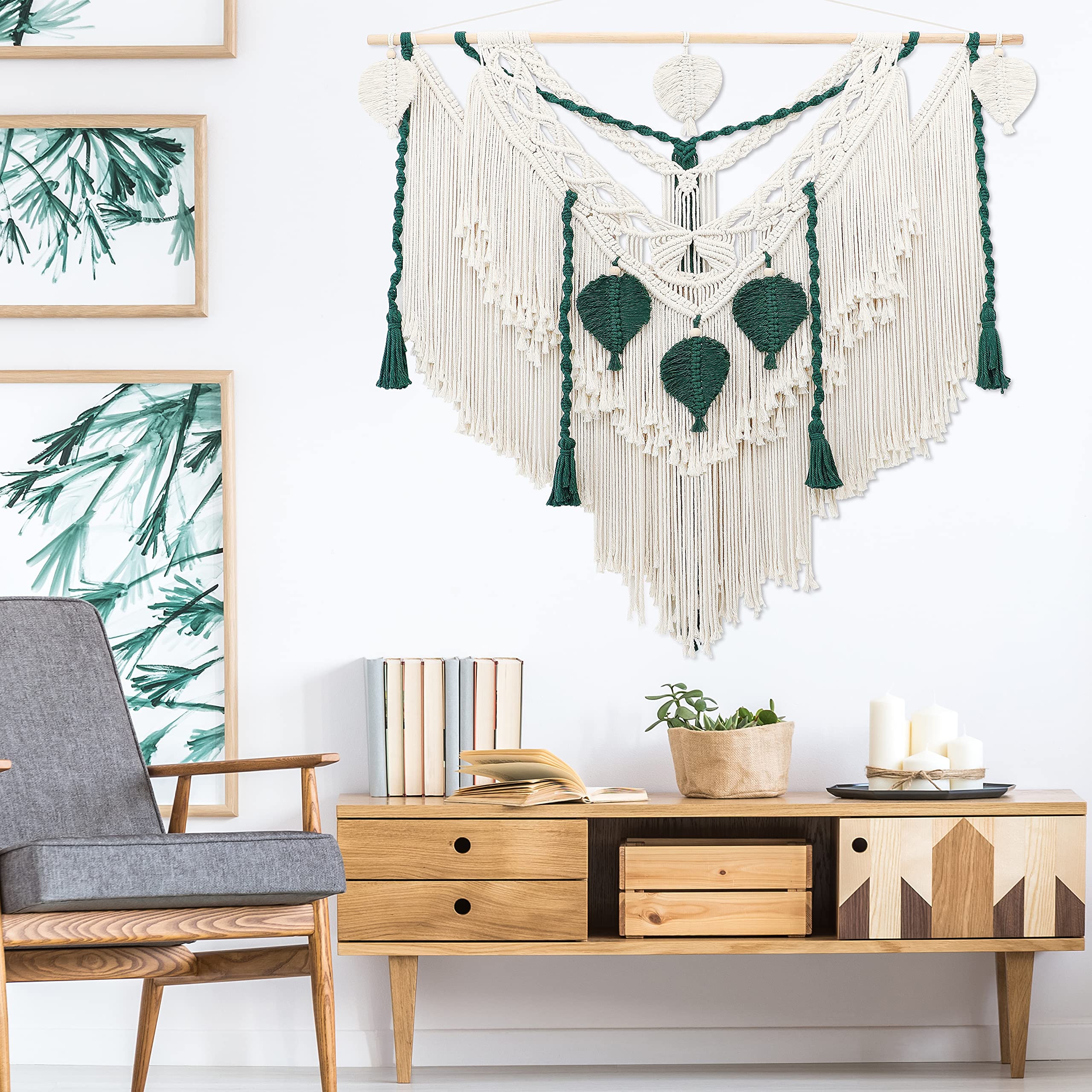 Arazzo In Macramè Boho Con Foglie E Ganci – Decorazione Da Parete In Cotone, Completa Di 20 Mollette In Legno