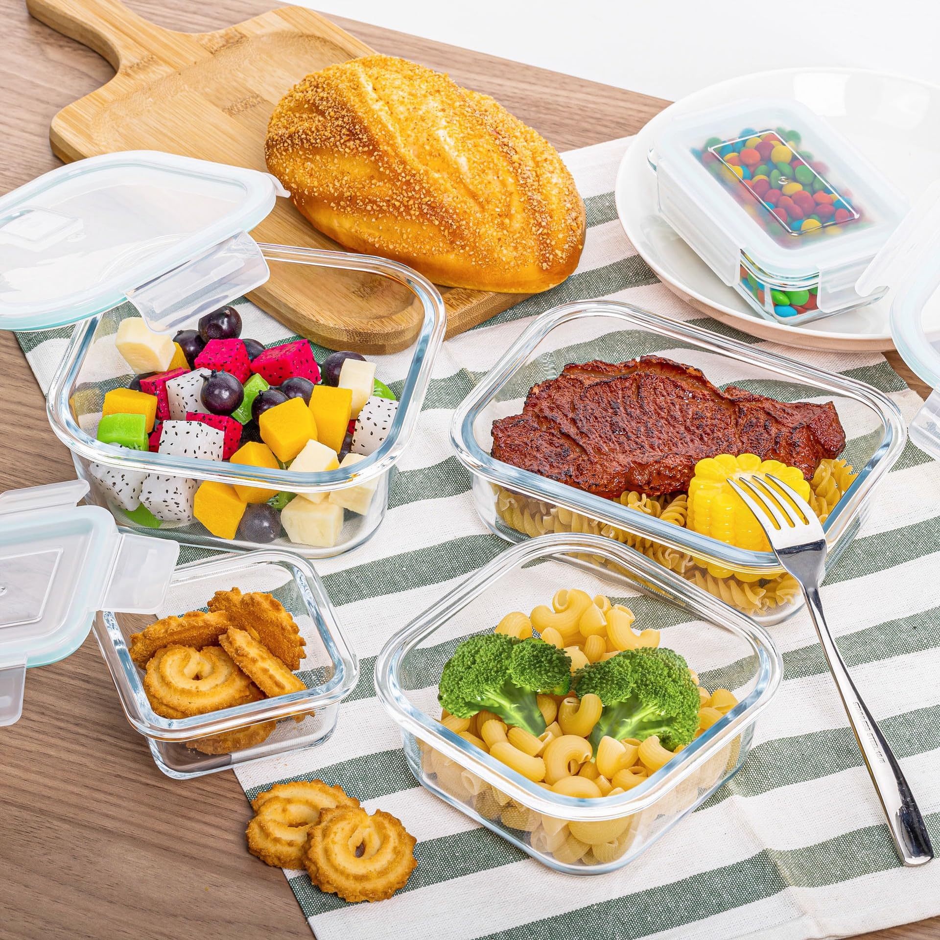 Juego de 8 cajas de almacenamiento de cristal, sin BPA, apto para microondas y congelador, perfecto para preparar comidas y almacenamiento de alimentos. (Negro)