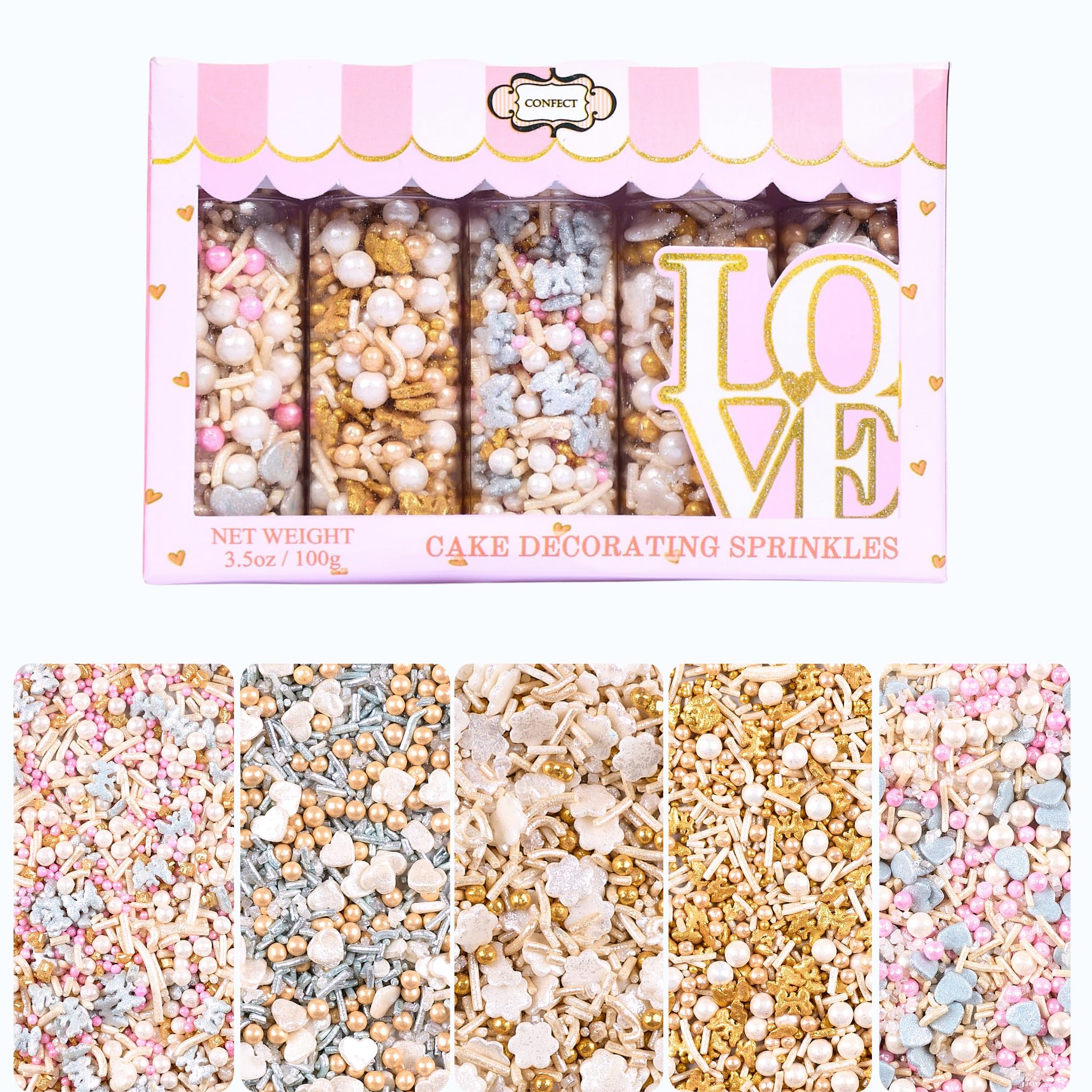 Confect Gold, silver and white Pearl Sprinkles | Sprinkles for Baking & Cake Decorative | Heart Sprinkles | Cookie sprinkles | Butterfly Sprinkles | Edible sprinkles Mix Pack of 5-100gms (B0CRBL6P2T) Amazon Price History, Amazon Price Tracker